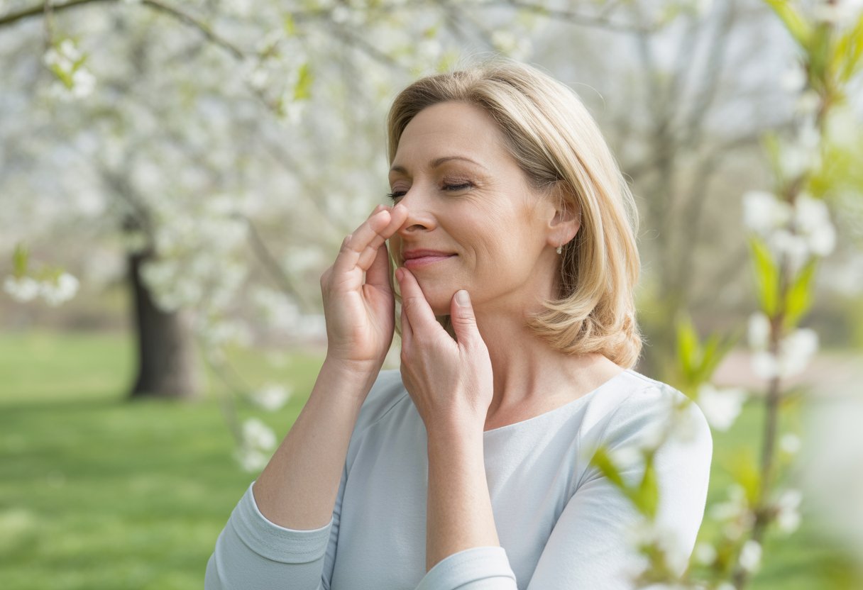 A middle-aged woman outdoors in spring gently touching her nose with a calm expression among blossoming trees.