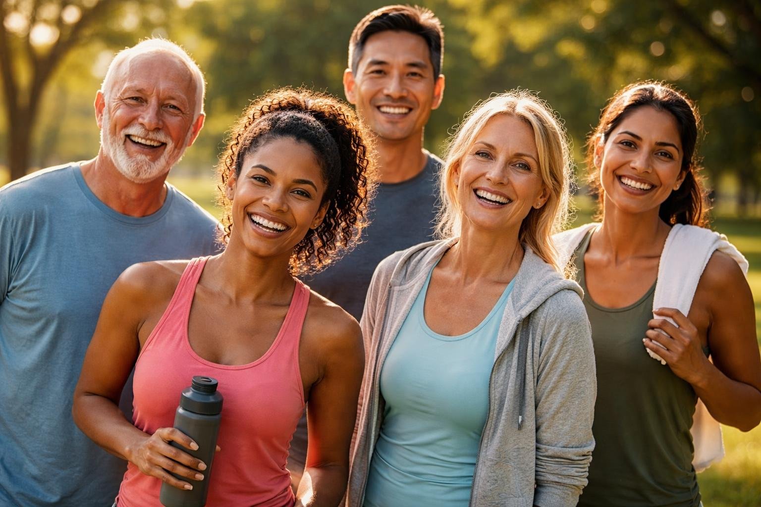 A group of diverse healthy adults smiling and enjoying outdoor activities in a sunny park.