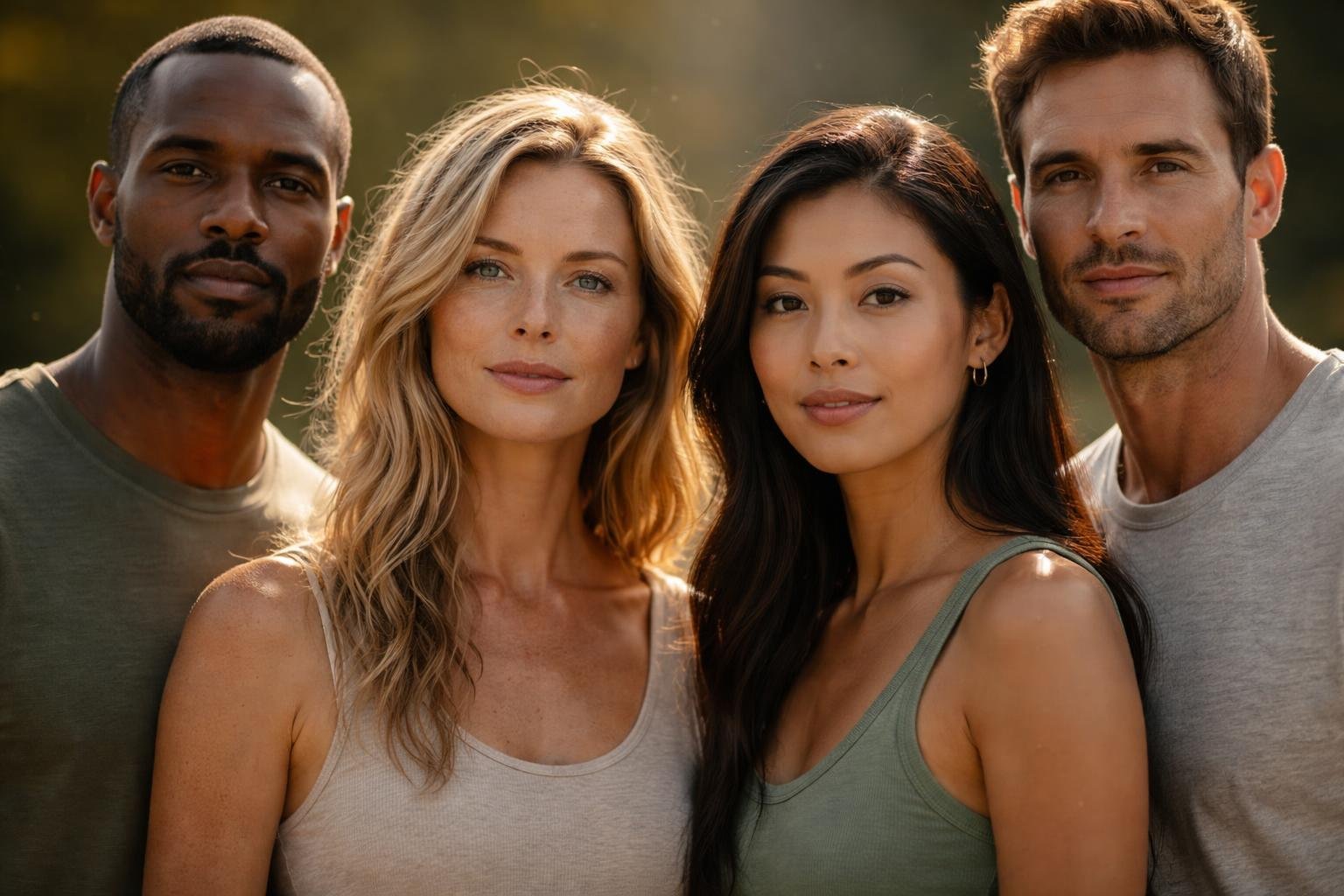 A close-up of diverse healthy adults standing outdoors, showing their faces and expressions clearly with a softly blurred natural background.