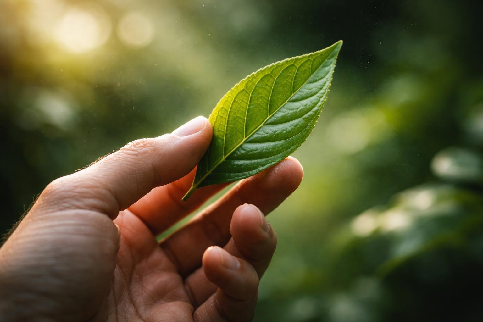 A close-up of a hand holding a healthy green leaf with detailed veins and natural skin textures visible.