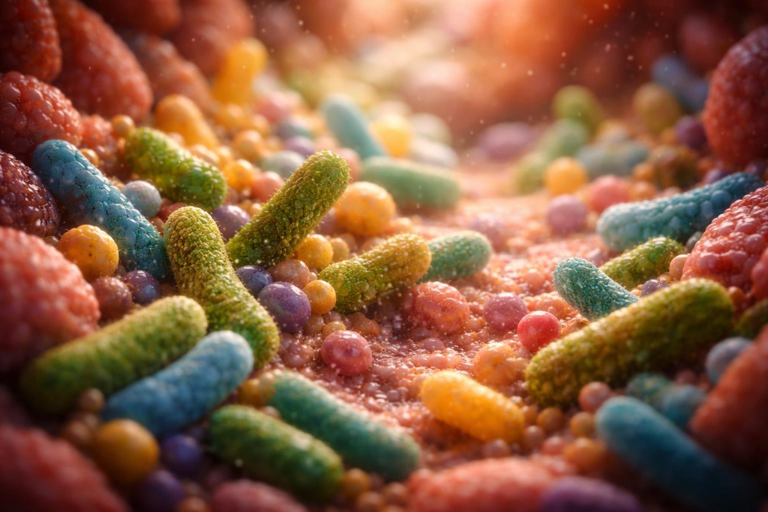 Close-up view of diverse microscopic bacteria and microorganisms representing the human gut microbiome.