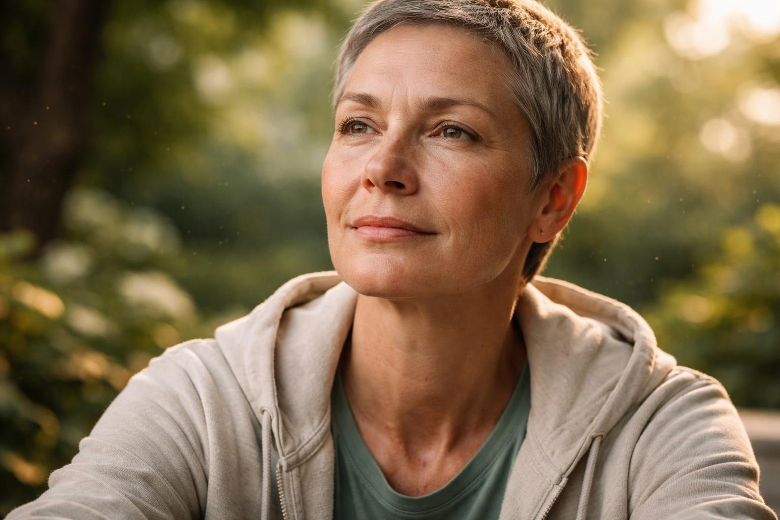 Close-up portrait of a calm middle-aged person outdoors with soft sunlight and green foliage in the background.