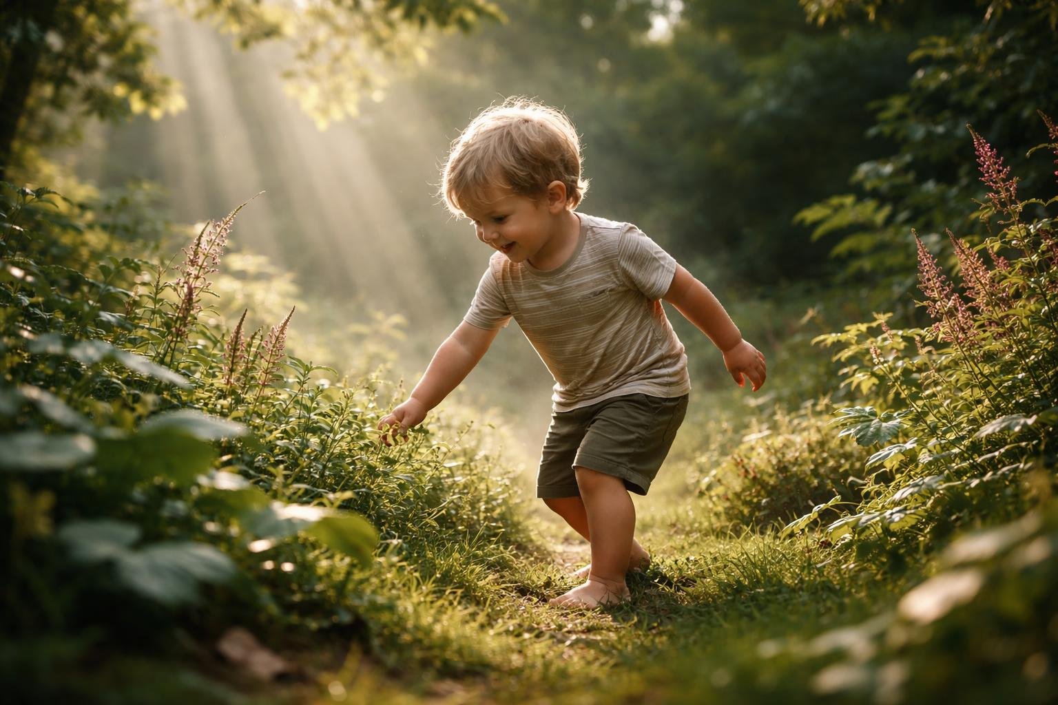 A young child playing barefoot in a sunlit garden surrounded by plants and trees.