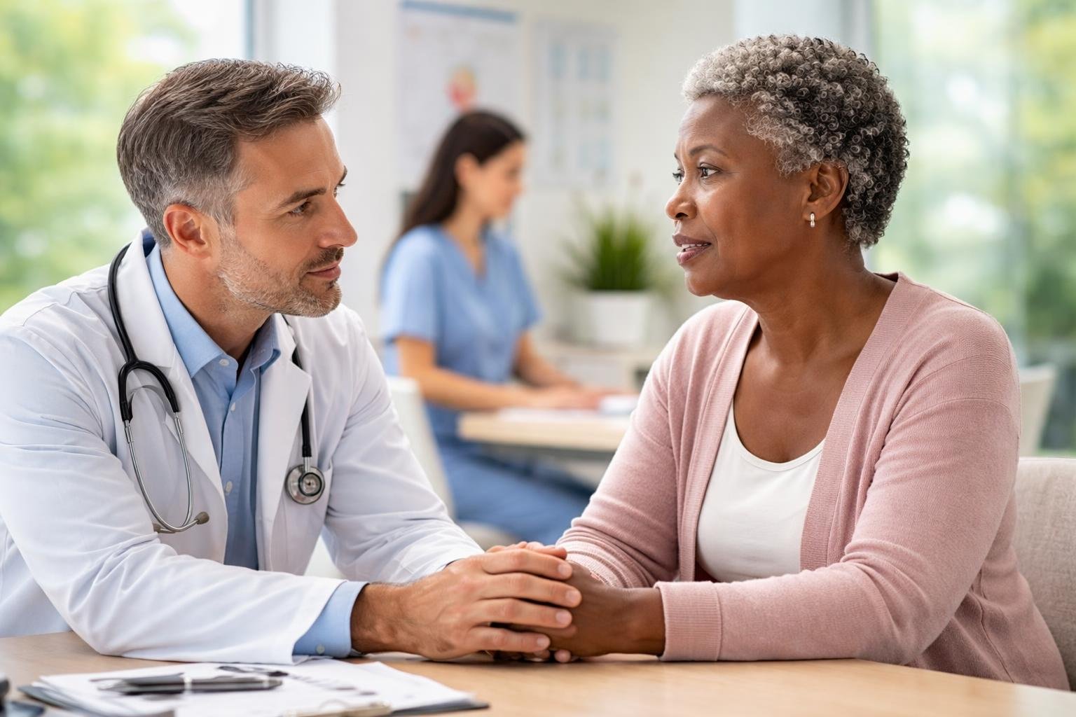 A healthcare professional consulting with a concerned middle-aged patient in a bright medical office.