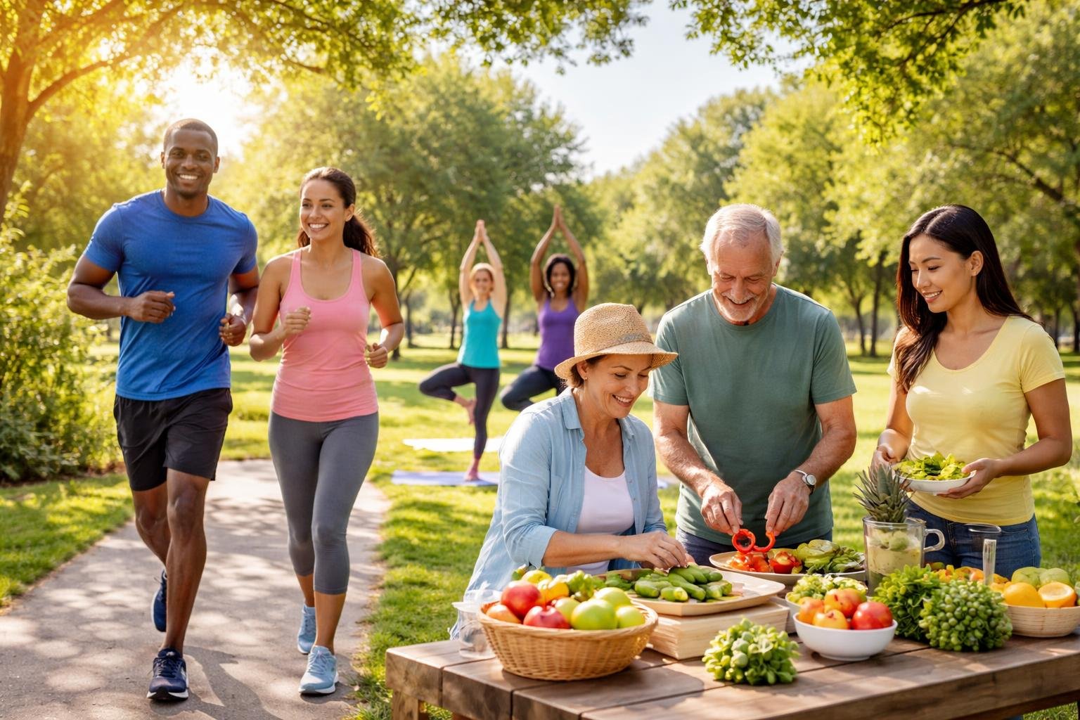A group of diverse adults jogging, doing yoga, and preparing fresh fruits outdoors in a sunny park.