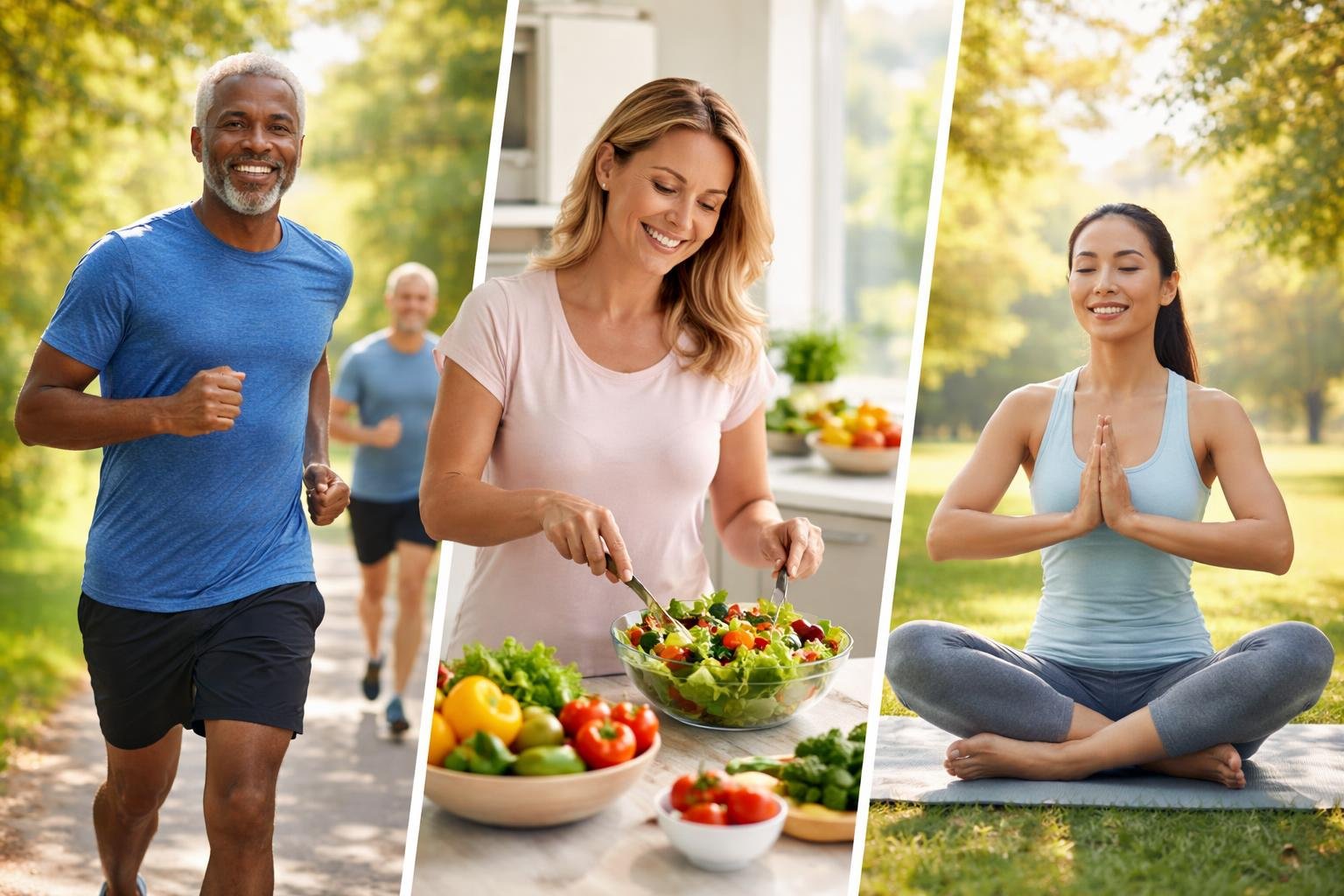 A group of adults jogging, preparing a fresh salad, and practicing yoga outdoors in a bright park setting.