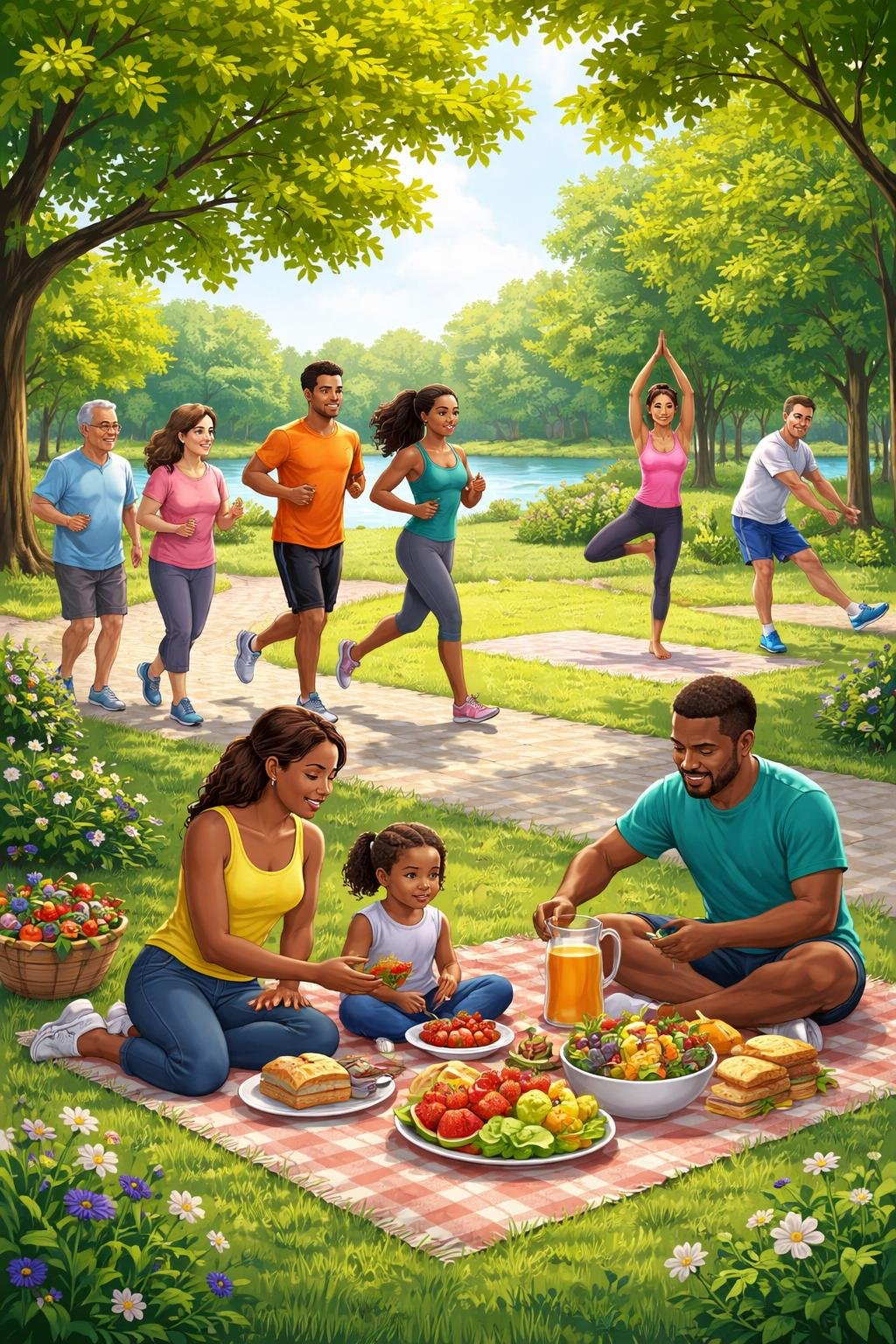 A group of diverse people exercising, doing yoga, and eating healthy foods together outdoors in a park.
