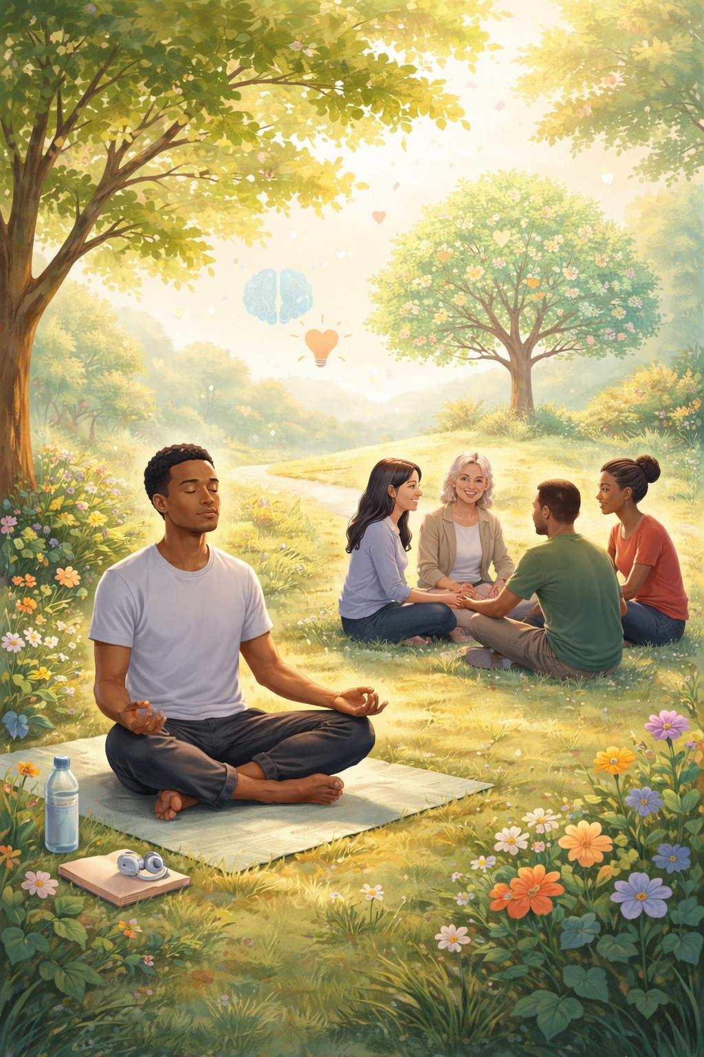 People engaging in mindfulness and supportive conversation outdoors, surrounded by nature symbolizing growth and hope.