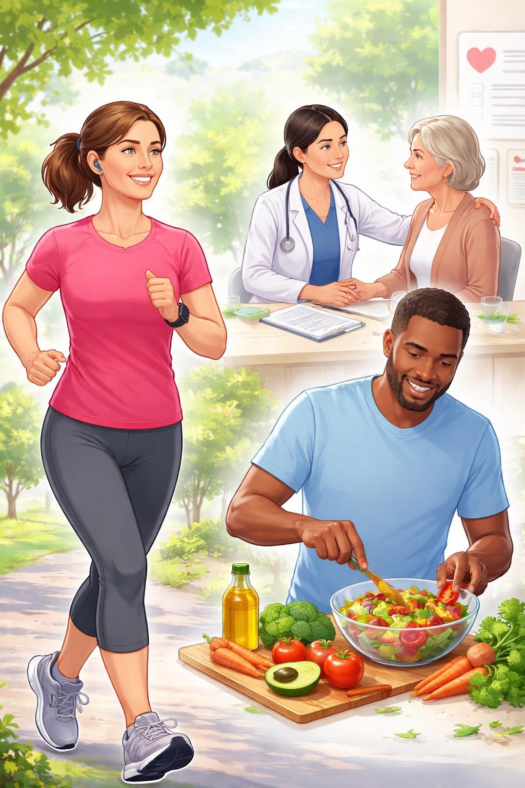People engaging in healthy activities like jogging, eating nutritious food, and consulting a healthcare professional in a bright outdoor setting.