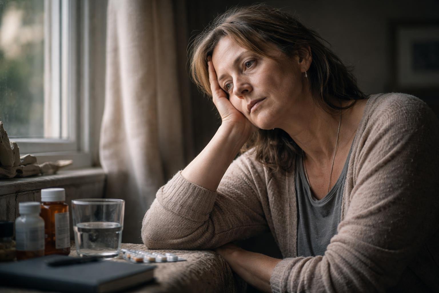 A middle-aged person sitting near a window, looking thoughtful with medication and a journal on a nearby table.
