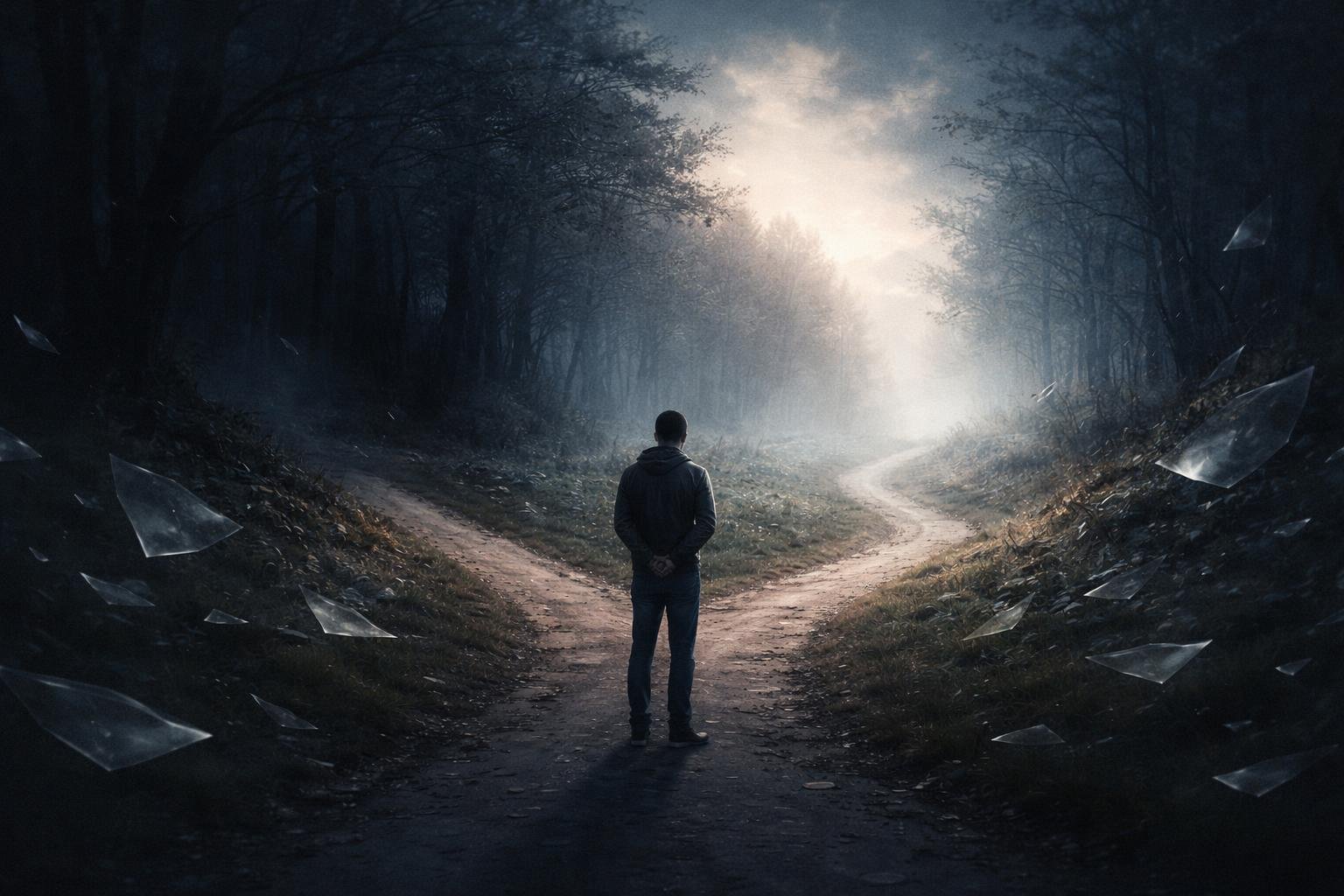 A person standing at a crossroads in a foggy environment, facing two paths with one leading into a dark forest and the other toward a distant light.