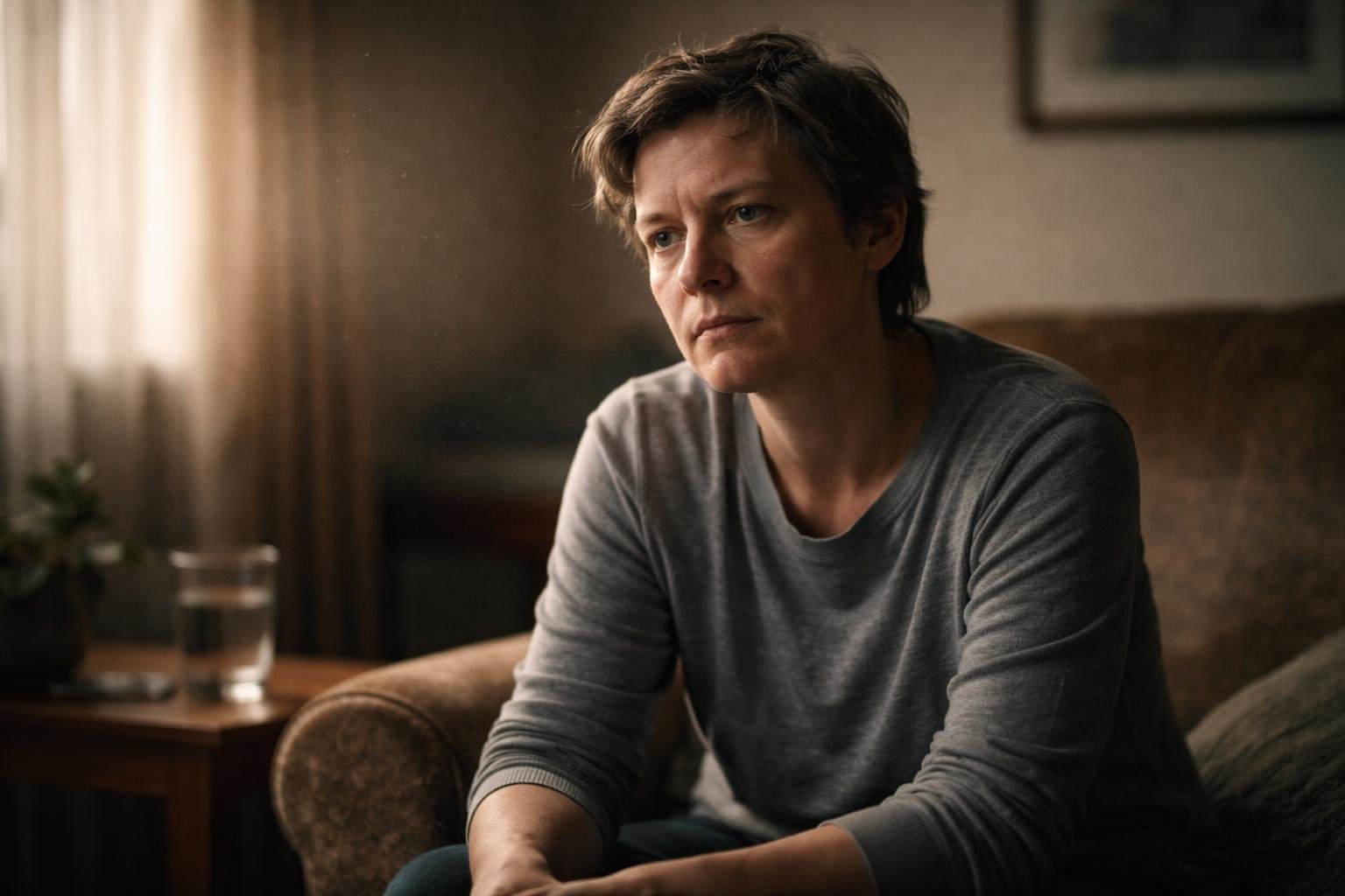 A middle-aged person sitting alone in a softly lit room, looking thoughtful and reflective.