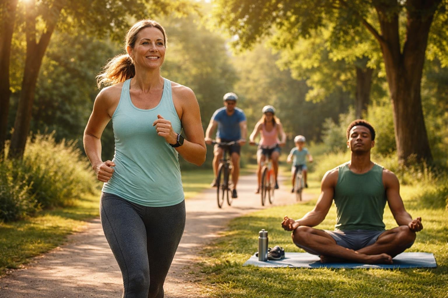 A diverse group of people exercising outdoors in a sunny park, including a woman jogging, a man doing yoga, and a family cycling together.