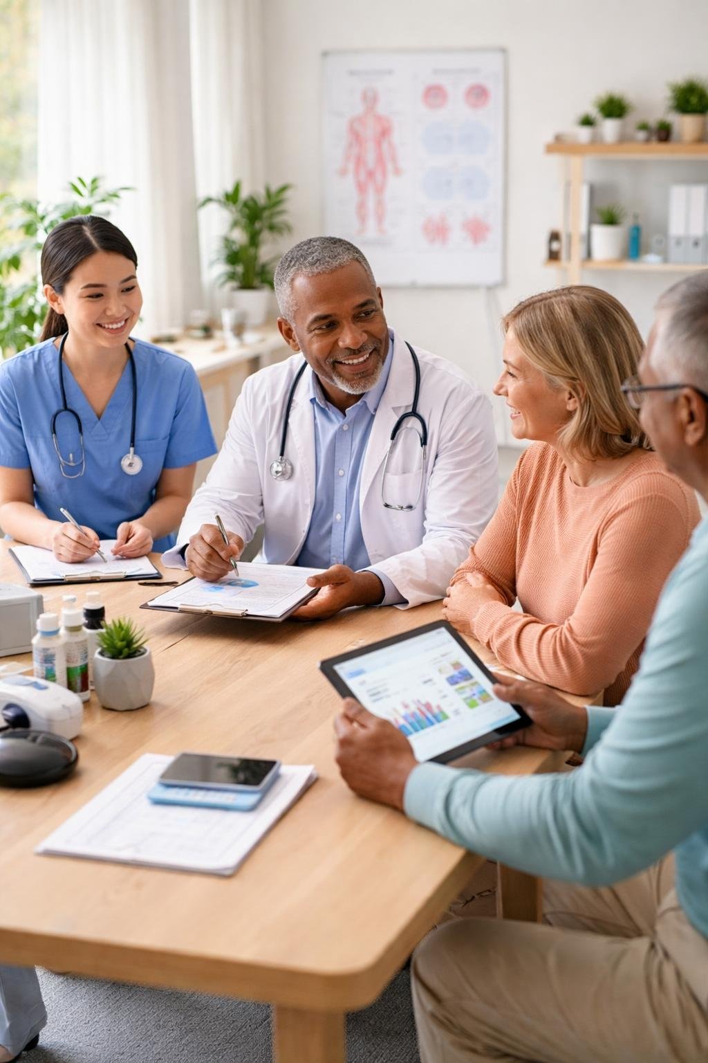 Healthcare professionals and a patient collaborating in a medical office to manage chronic disease.