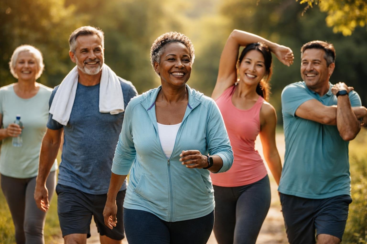 A group of diverse adults exercising and enjoying a sunny park, symbolizing healthy living and prevention of chronic illnesses.
