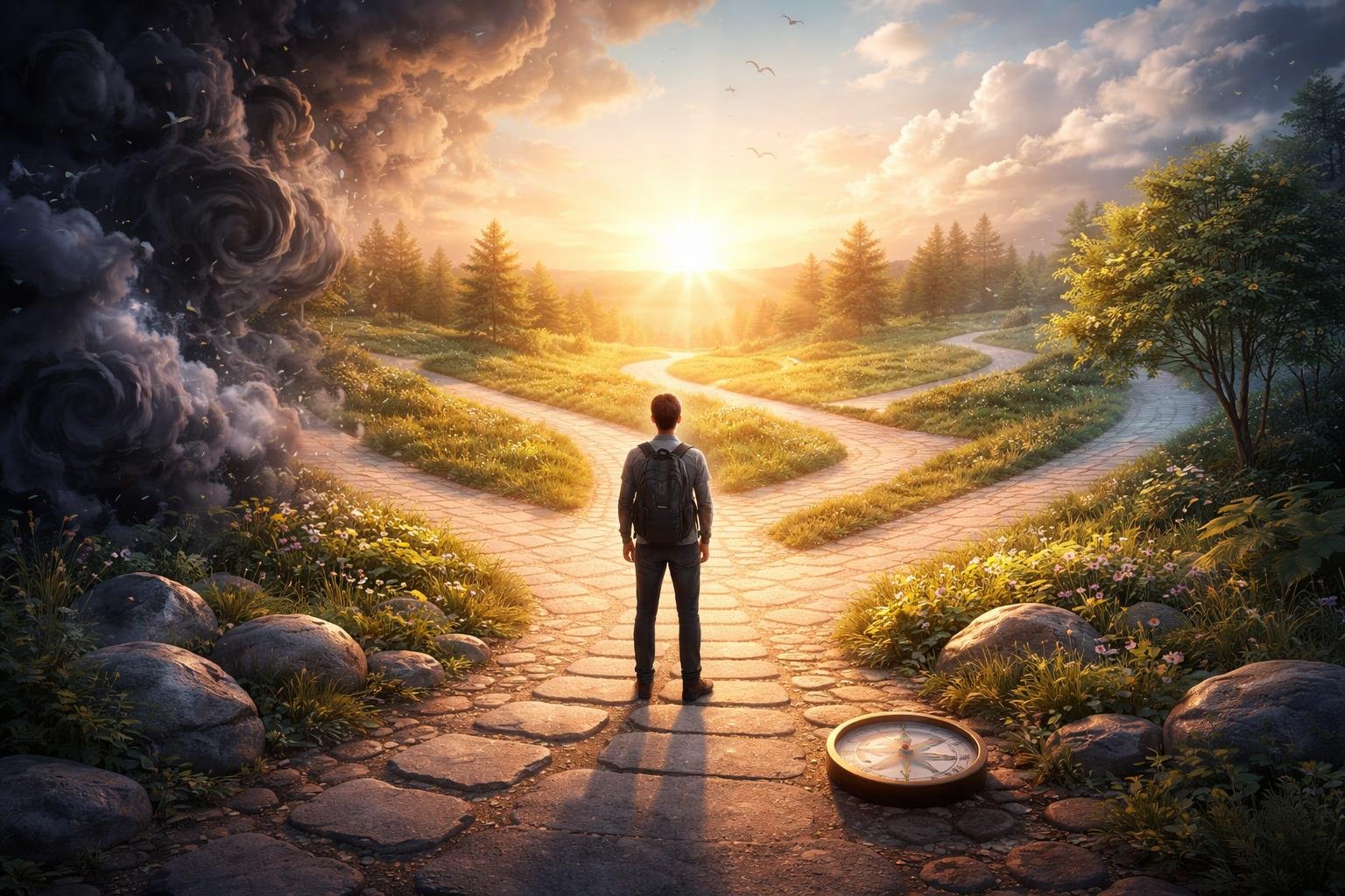 A person standing at a crossroads with several illuminated paths ahead, surrounded by fading dark clouds and a sunrise in the background symbolizing hope and new beginnings.
