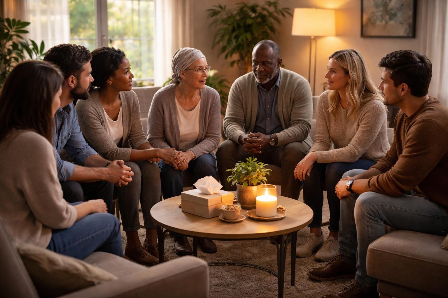 A group of diverse people sitting together in a circle, offering support and comfort to each other in a warm, softly lit room.