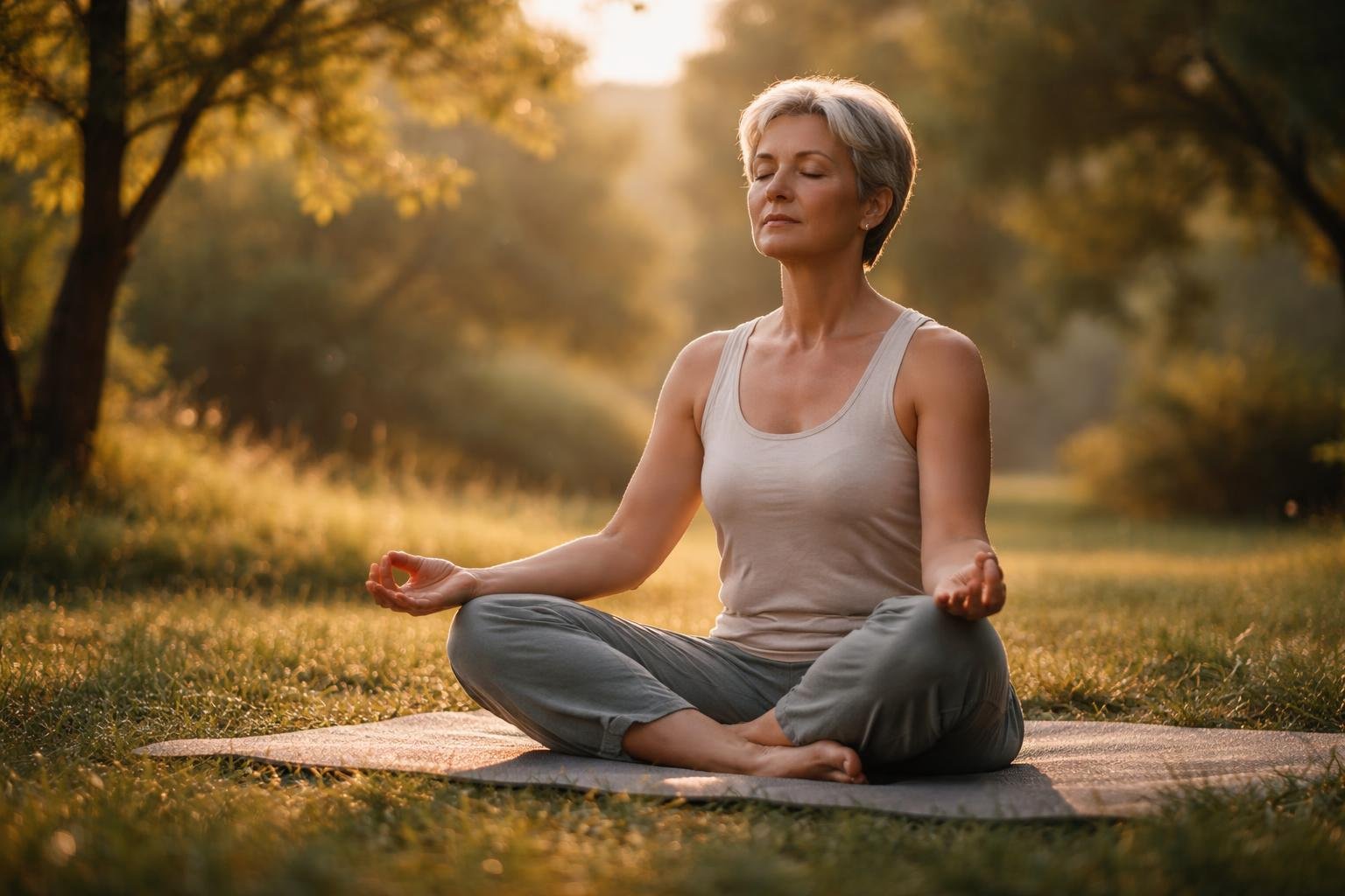 A person meditating peacefully outdoors in a sunlit park surrounded by trees and grass.