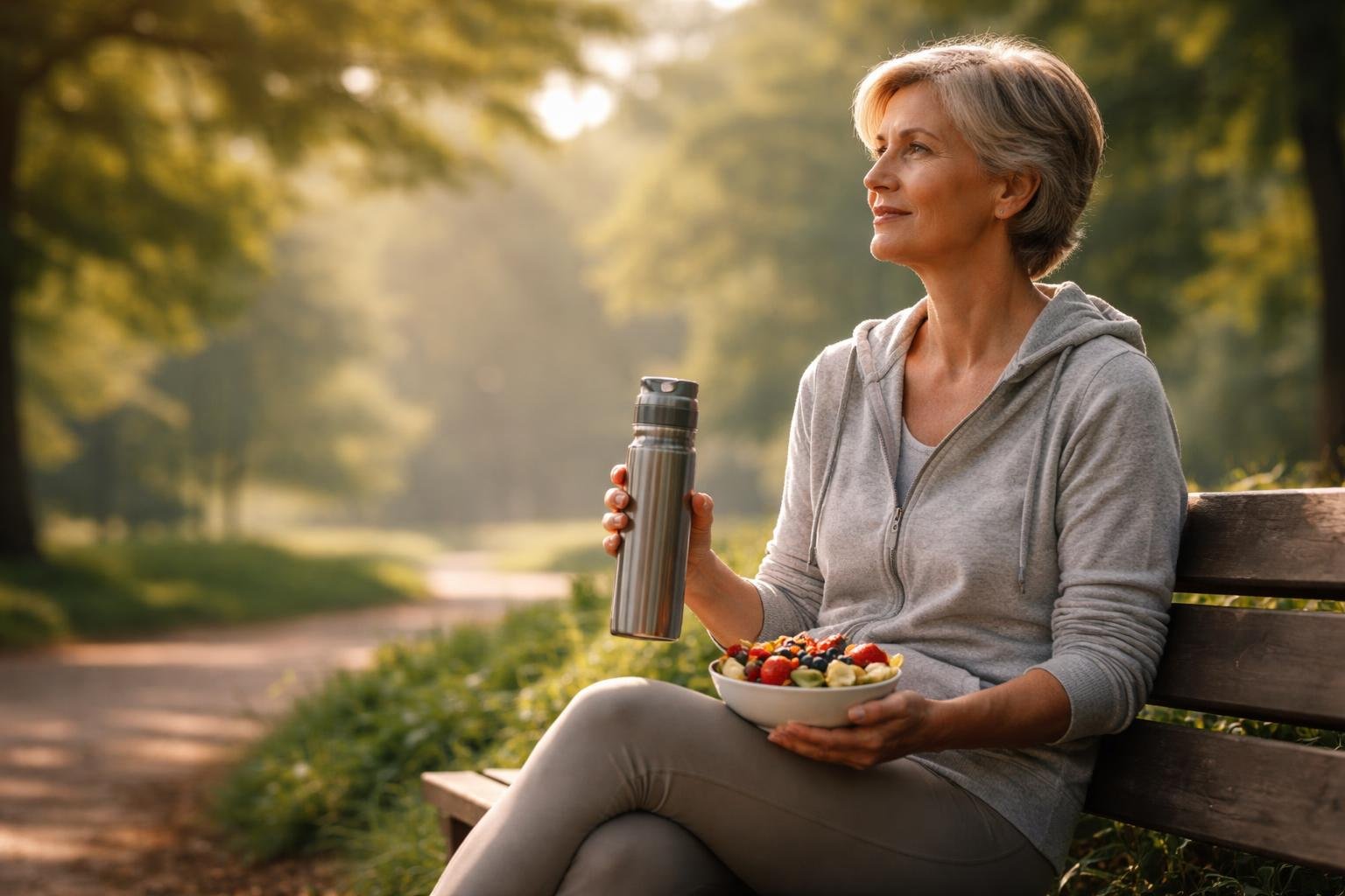A person sitting on a park bench in the morning sunlight, holding a water bottle and a bowl of fresh fruit, surrounded by green trees.