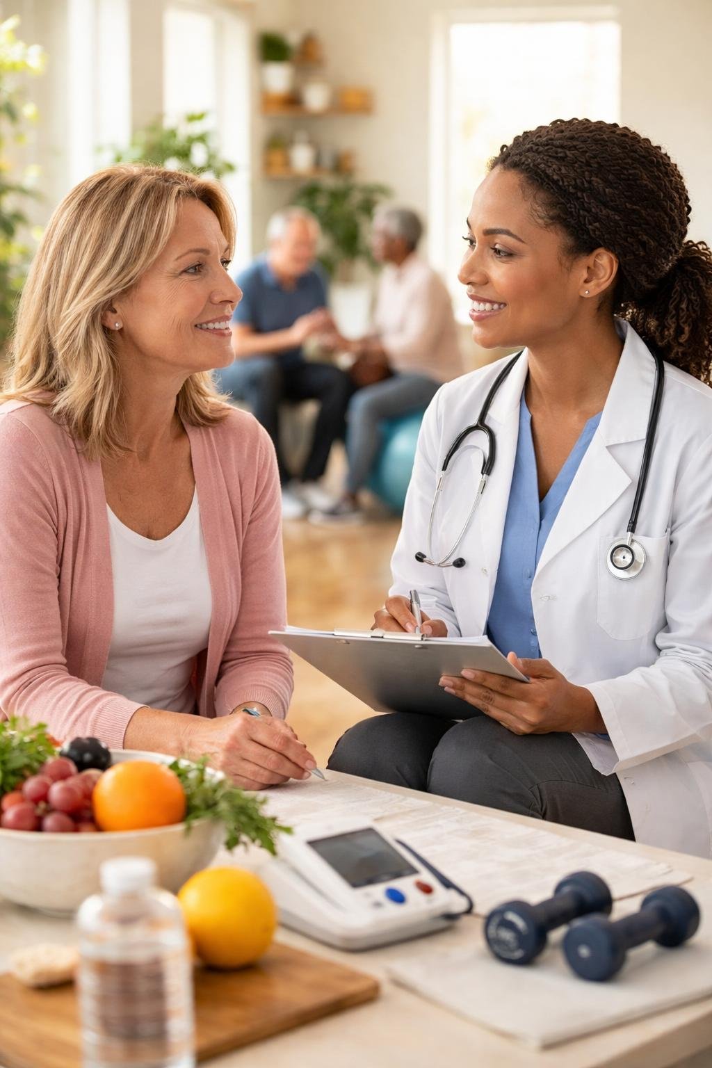 A middle-aged woman talks with a healthcare professional in a bright room with health-related items nearby.