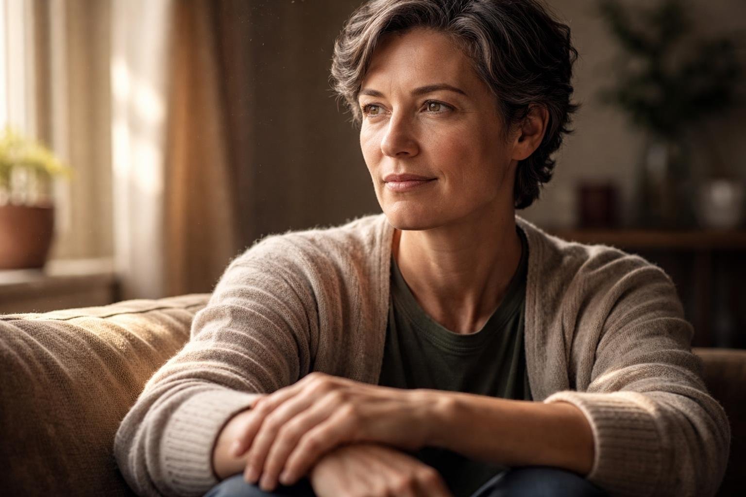 A middle-aged person sitting calmly in a sunlit room, looking peaceful and reflective.