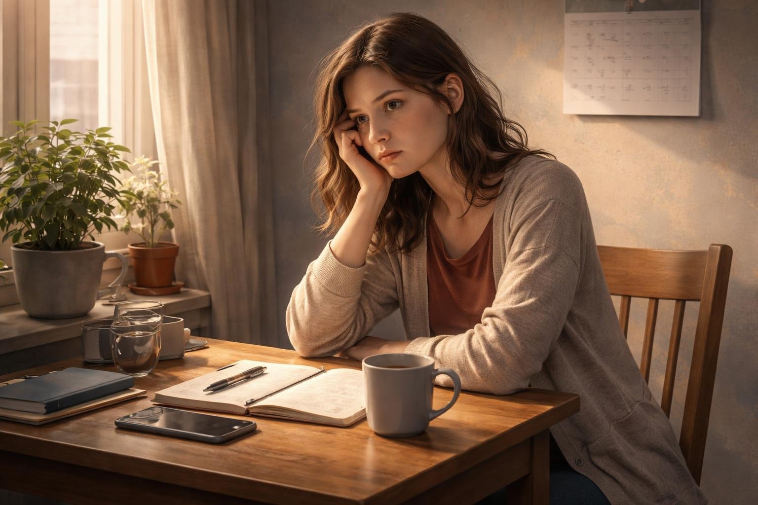 A person sitting alone at a table with everyday items, looking thoughtful and anxious in a softly lit room.
