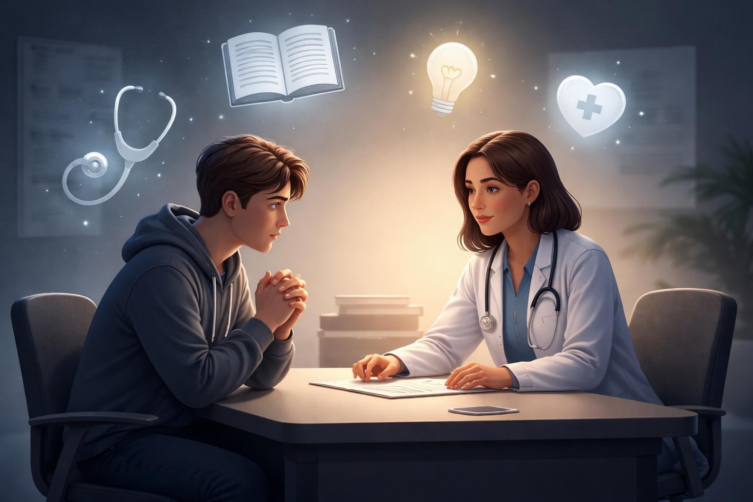 A person anxiously sitting across from a healthcare professional in a medical consultation room, surrounded by floating icons symbolizing medical resources and guidance.