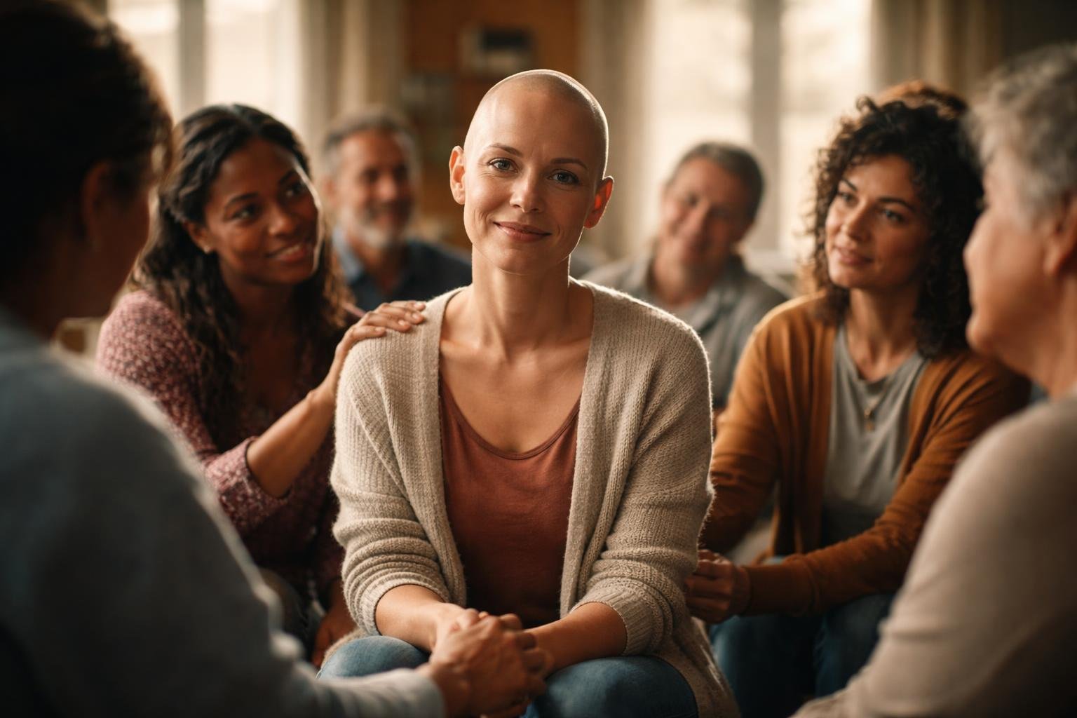 A group of people in a cozy community space sharing supportive and hopeful expressions, symbolizing connection and strength.