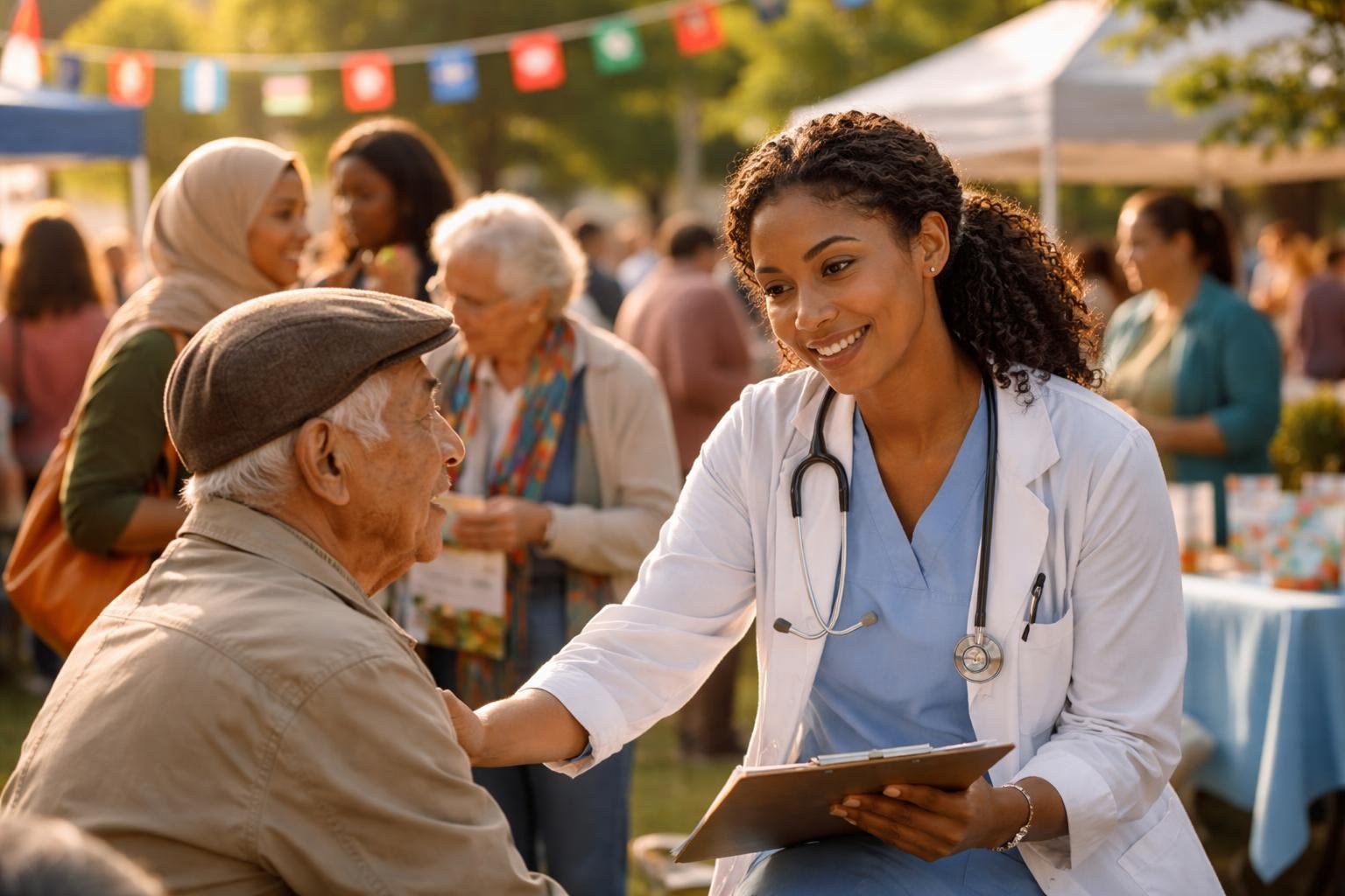 A diverse group of people at an outdoor community health event, with a healthcare professional consulting an elderly person in a sunny urban park.