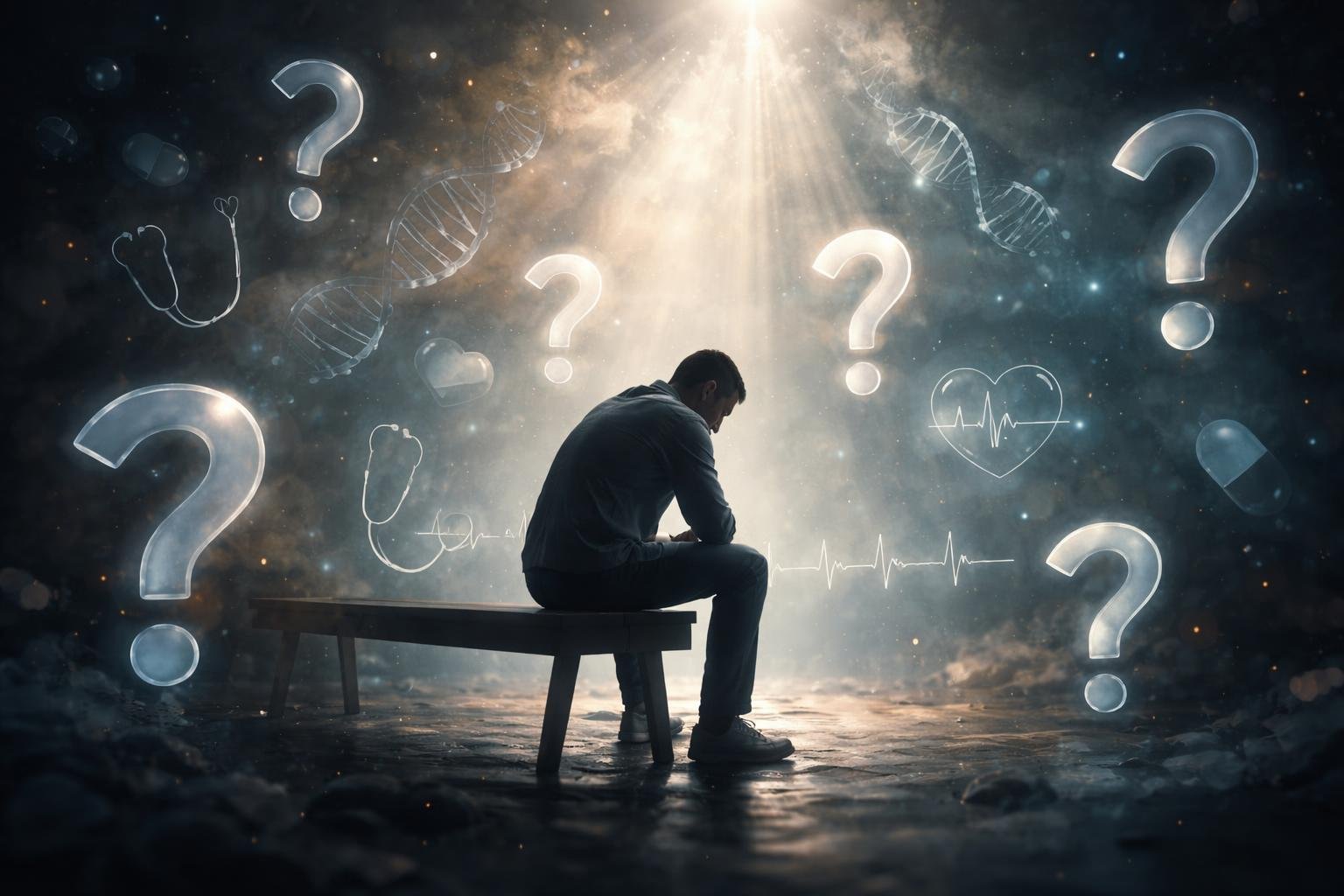 A person sitting alone on a bench surrounded by floating medical symbols and question marks in a dim, moody environment, appearing thoughtful and concerned.