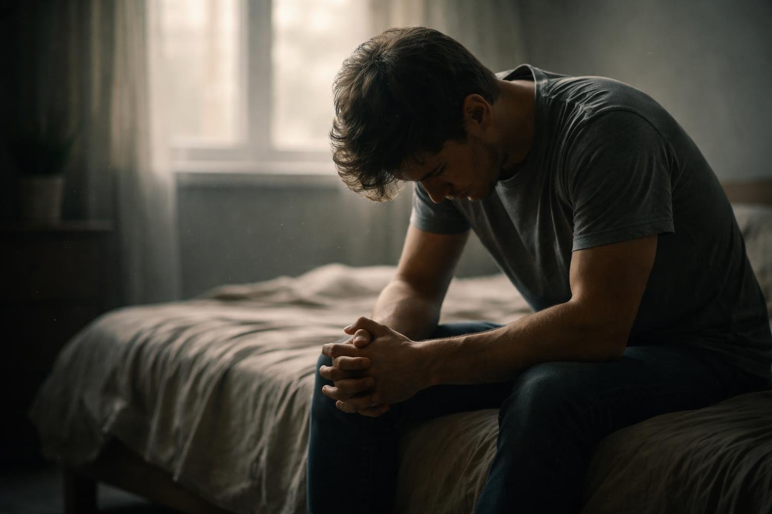 A person sitting on the edge of a bed in a softly lit room, head bowed and hands clasped, appearing deep in thought.