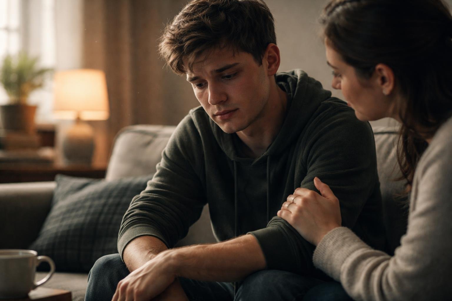 A young adult and a close friend sit together in a living room, the friend offering comforting support as they share a quiet, heartfelt moment.