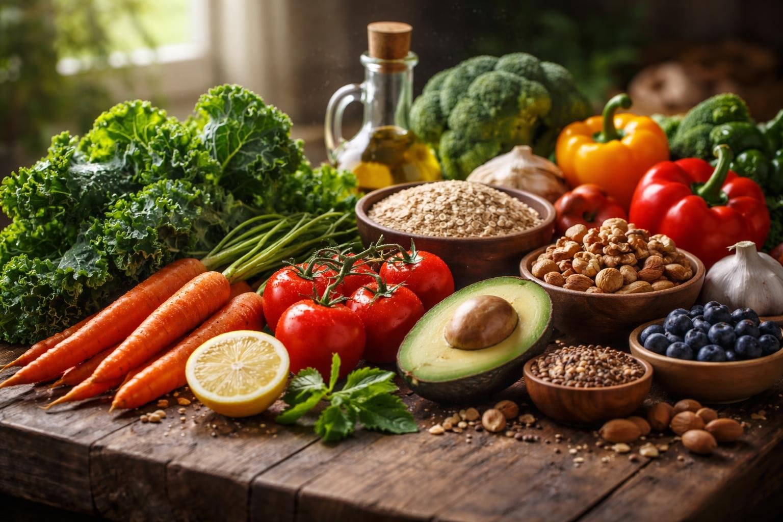 A close-up of fresh vegetables, nuts, and whole grains arranged on a wooden table with natural light and soft background blur.