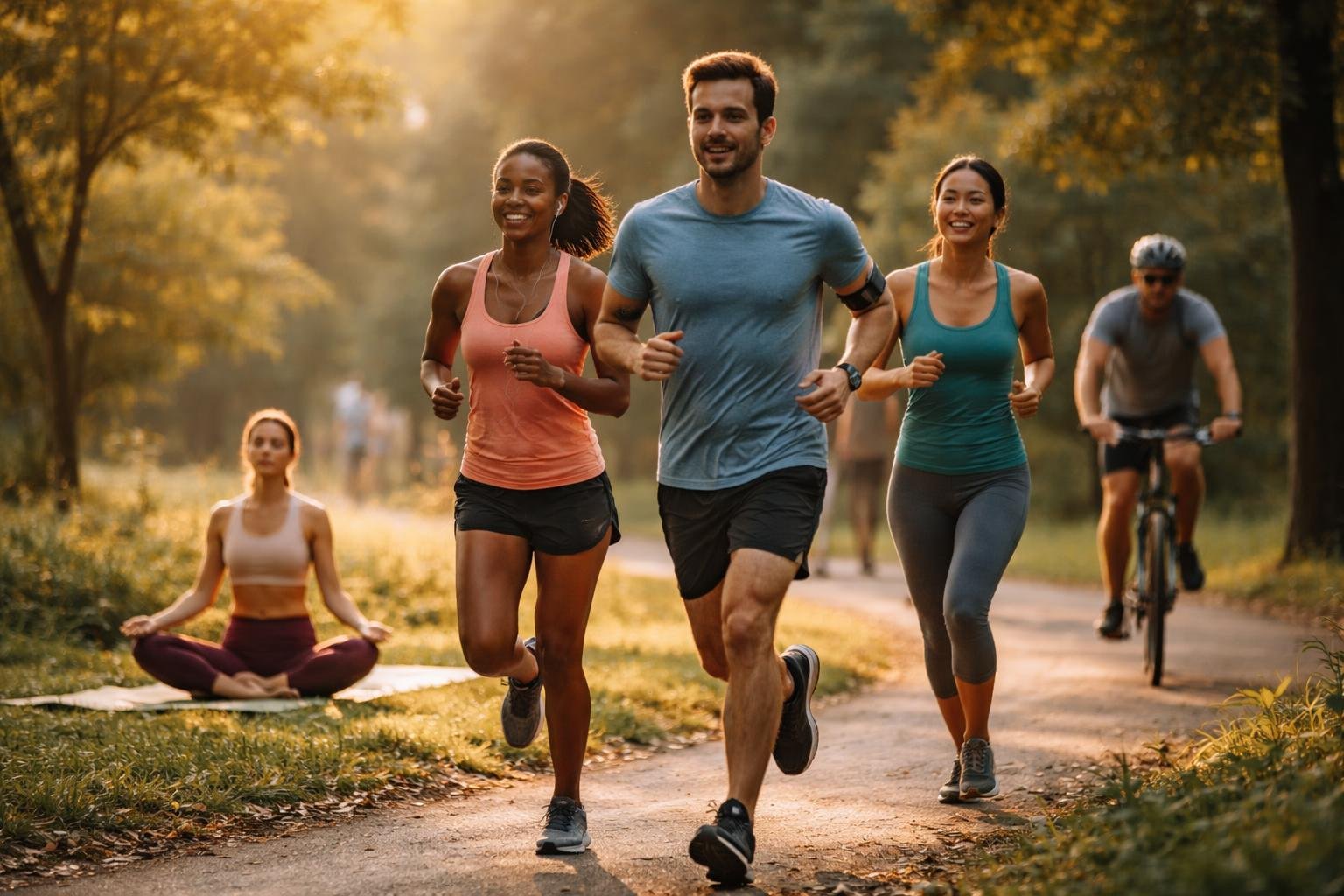 A group of adults exercising outdoors in a park, including jogging, yoga, and cycling on a sunny day.