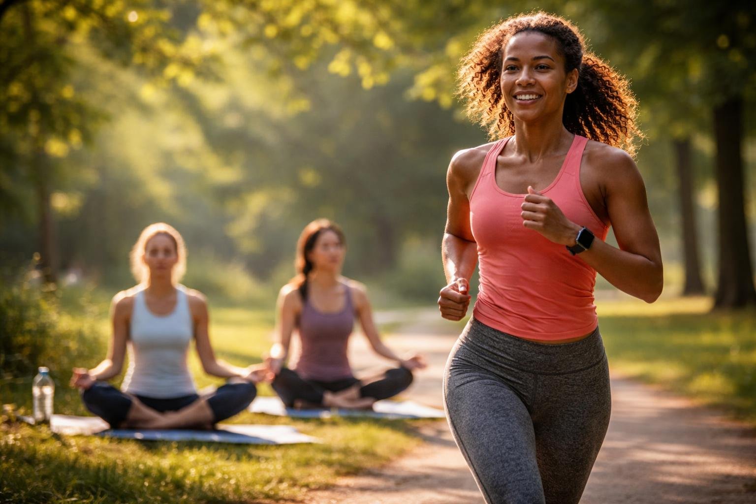 A group of women outdoors jogging and practicing yoga in a park surrounded by trees and sunlight.