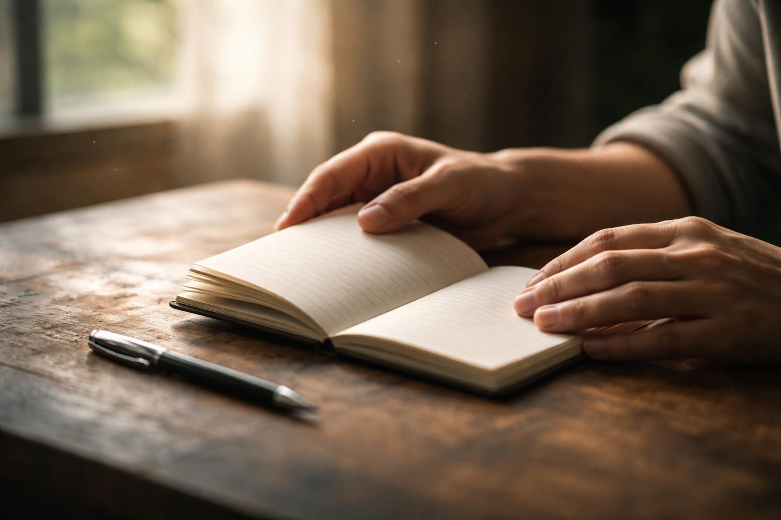 Close-up of hands holding an open notebook on a wooden table with a pen nearby, softly lit by natural light through a window.