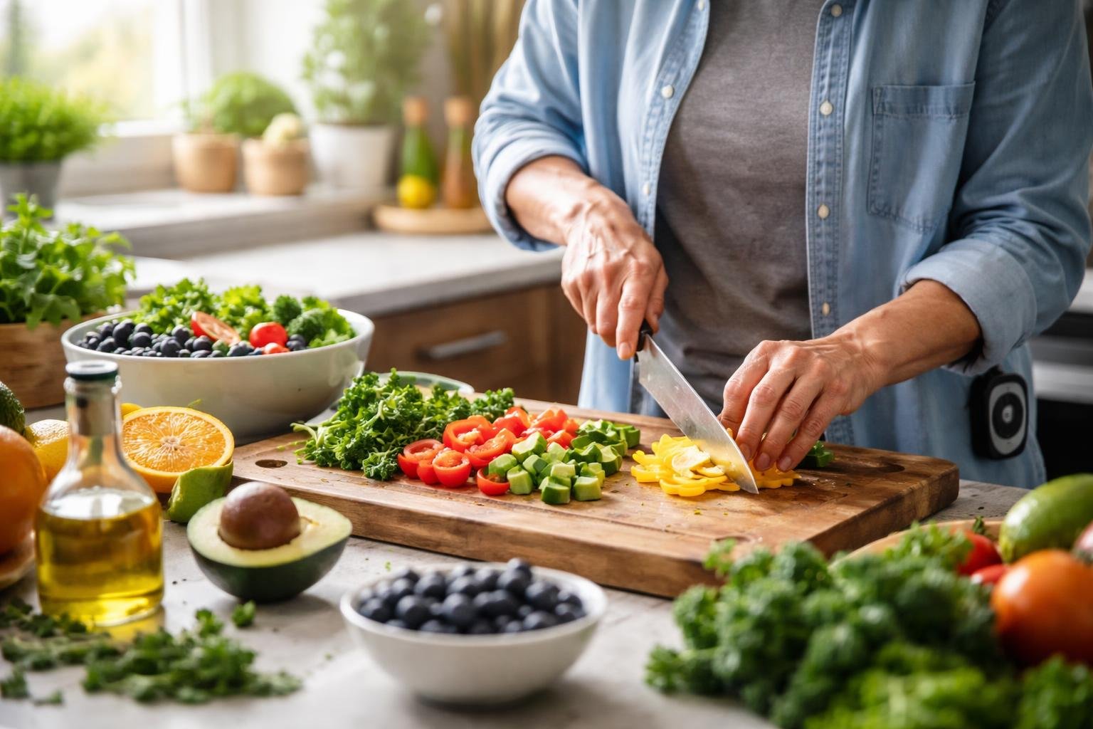 A person preparing a healthy meal with fresh vegetables in a bright kitchen.
