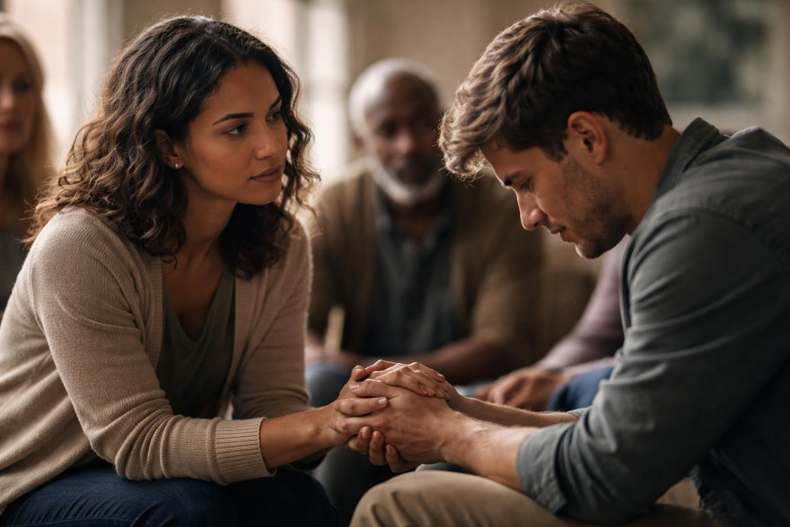 A counselor gently holding the hand of a person in distress during a supportive conversation in a warm, softly lit room.