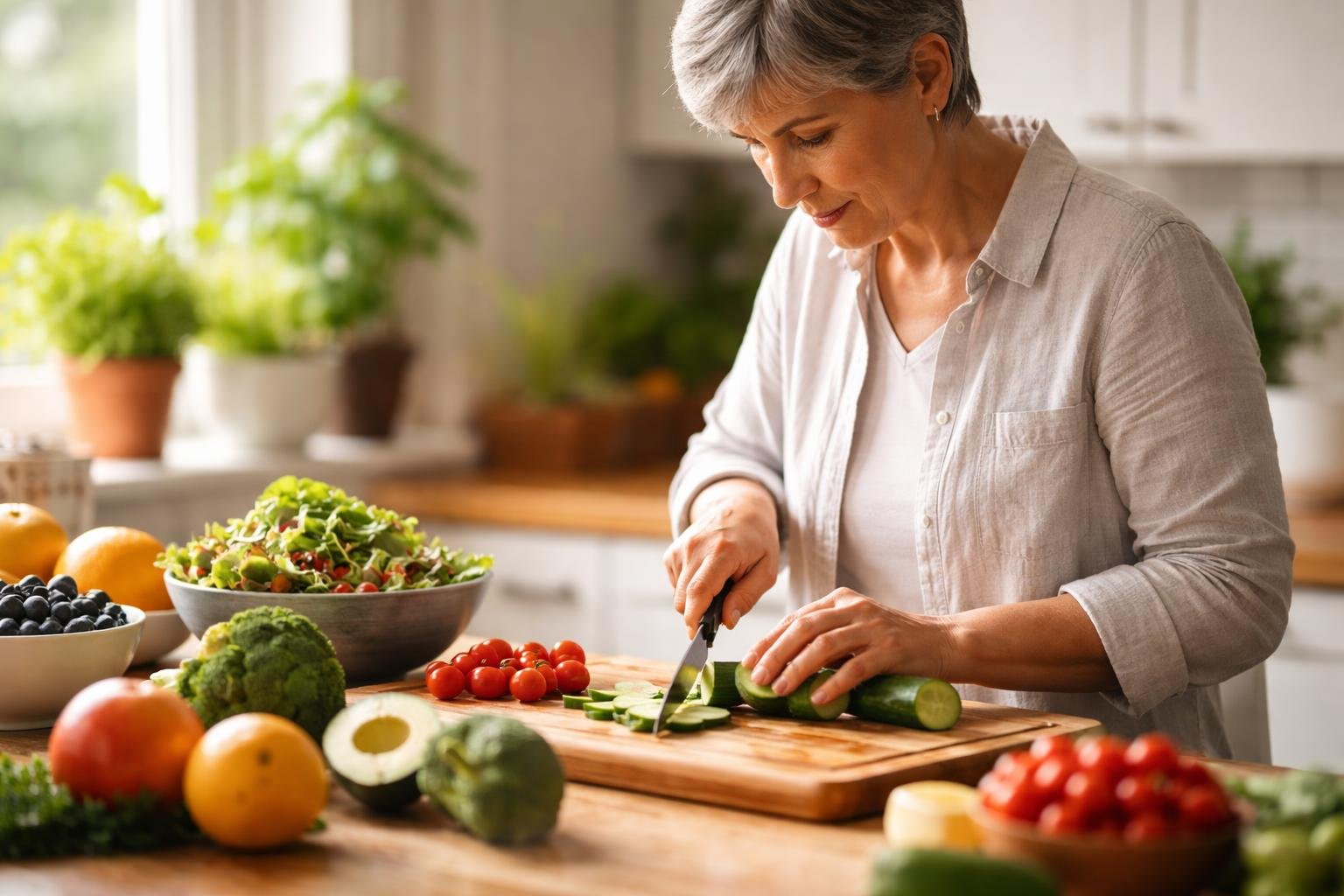 A person preparing a healthy meal in a modern kitchen with fresh vegetables and fruits on a wooden countertop.