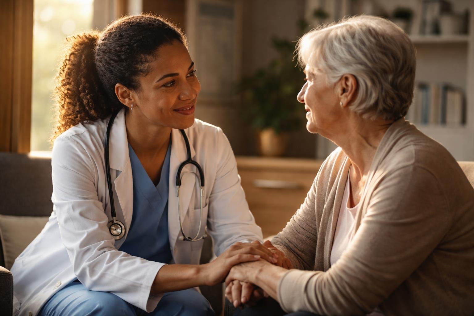A healthcare professional attentively supporting a patient in a modern medical office, creating a reassuring and hopeful atmosphere.