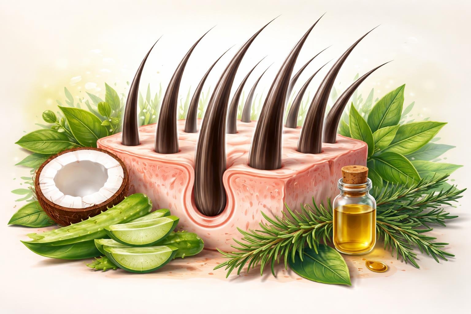 Close-up view of a healthy scalp with thick hair growing, surrounded by natural plants and ingredients like aloe vera, green tea, coconut, and rosemary.