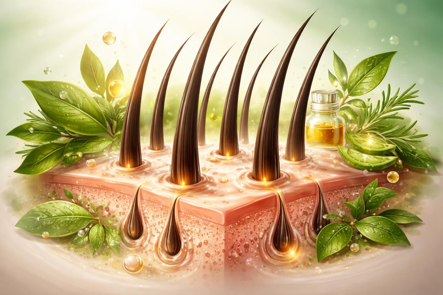 Close-up of a healthy scalp with thick hair strands surrounded by natural elements like leaves and water droplets symbolizing nourishment and hair growth.