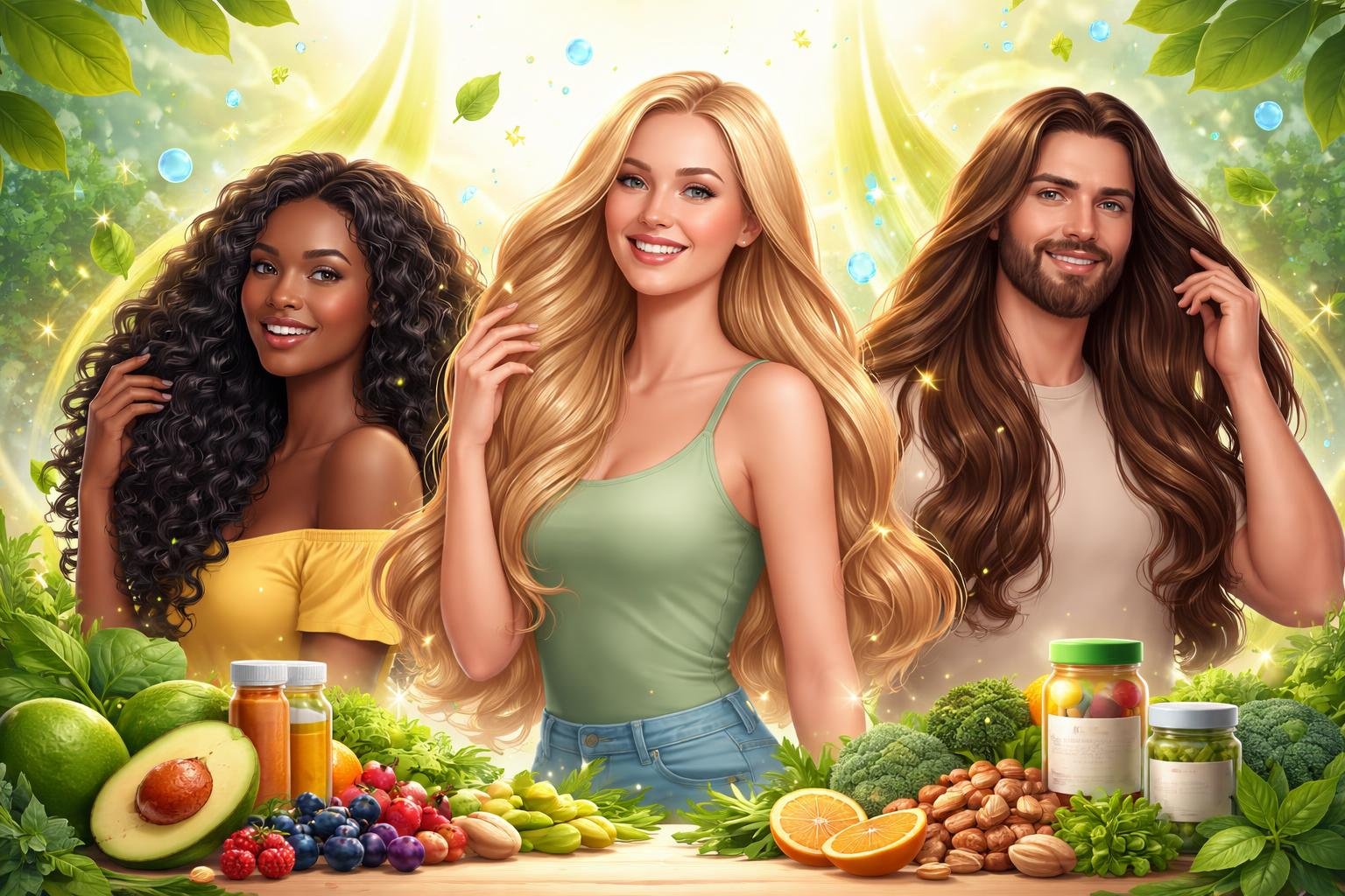 People with long, healthy hair surrounded by fruits, vegetables, and herbs representing natural nutrition for hair growth.