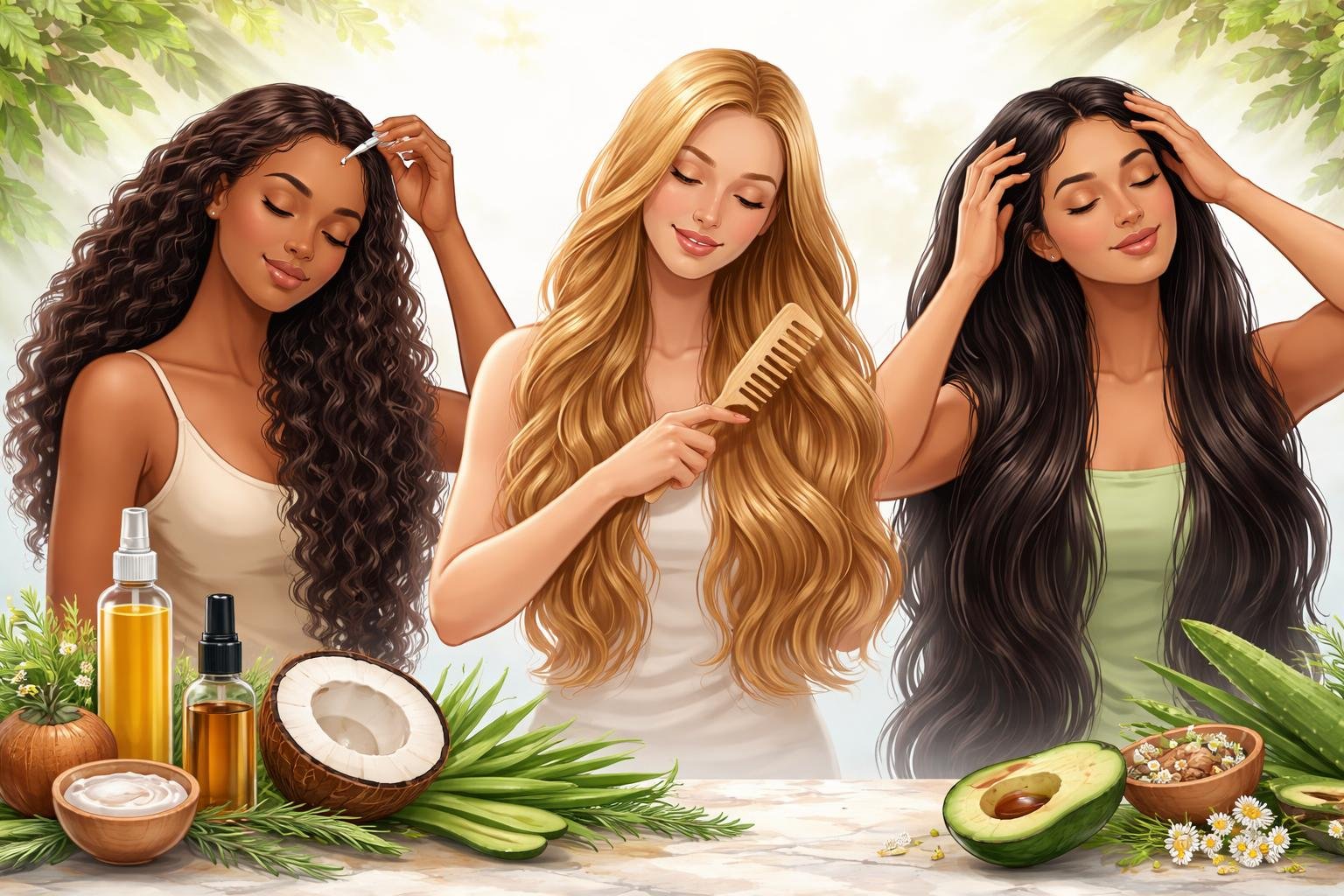 People gently caring for their healthy long hair using natural oils and brushes surrounded by plants and natural ingredients.