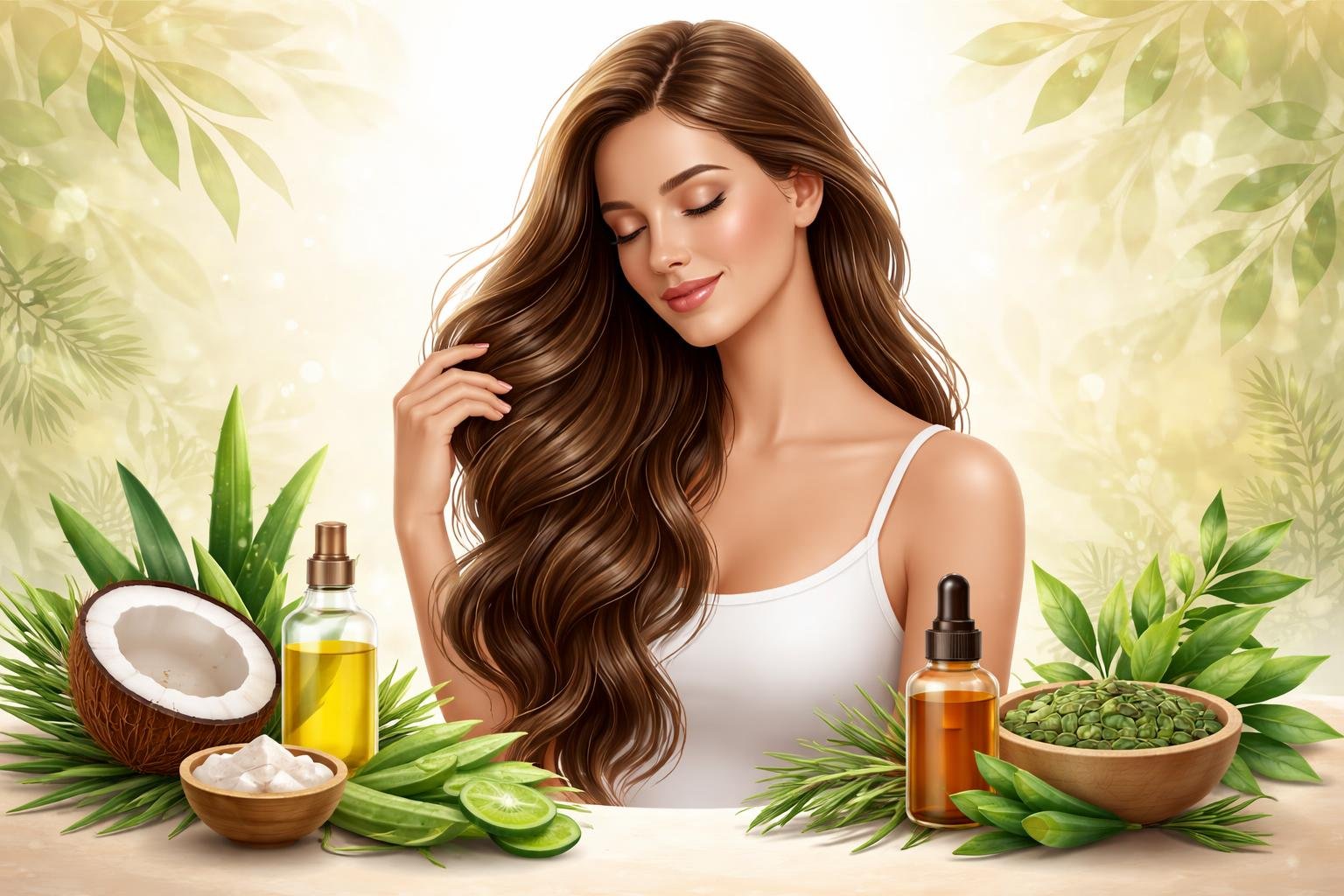 A woman with healthy hair surrounded by natural plants and ingredients symbolizing hair growth remedies.