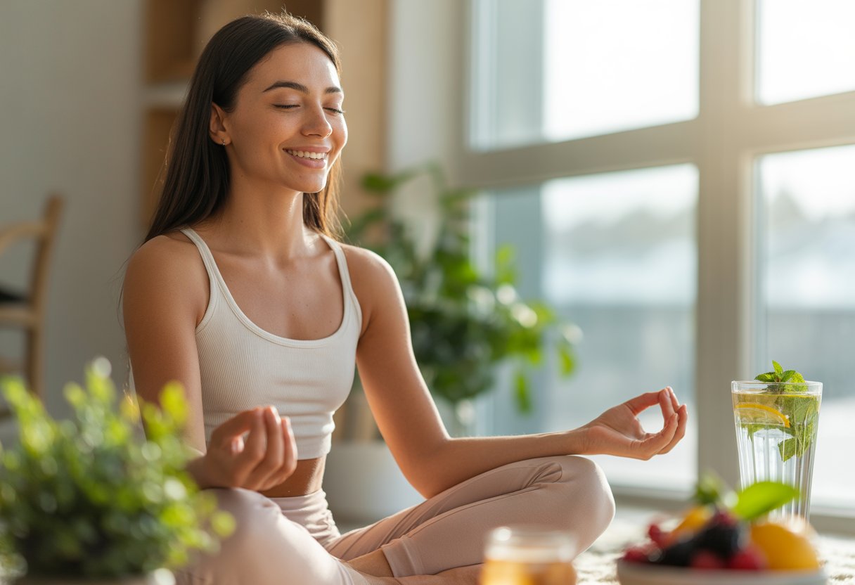 A young woman with glowing skin meditates near a window with sunlight, surrounded by plants and fresh fruits.