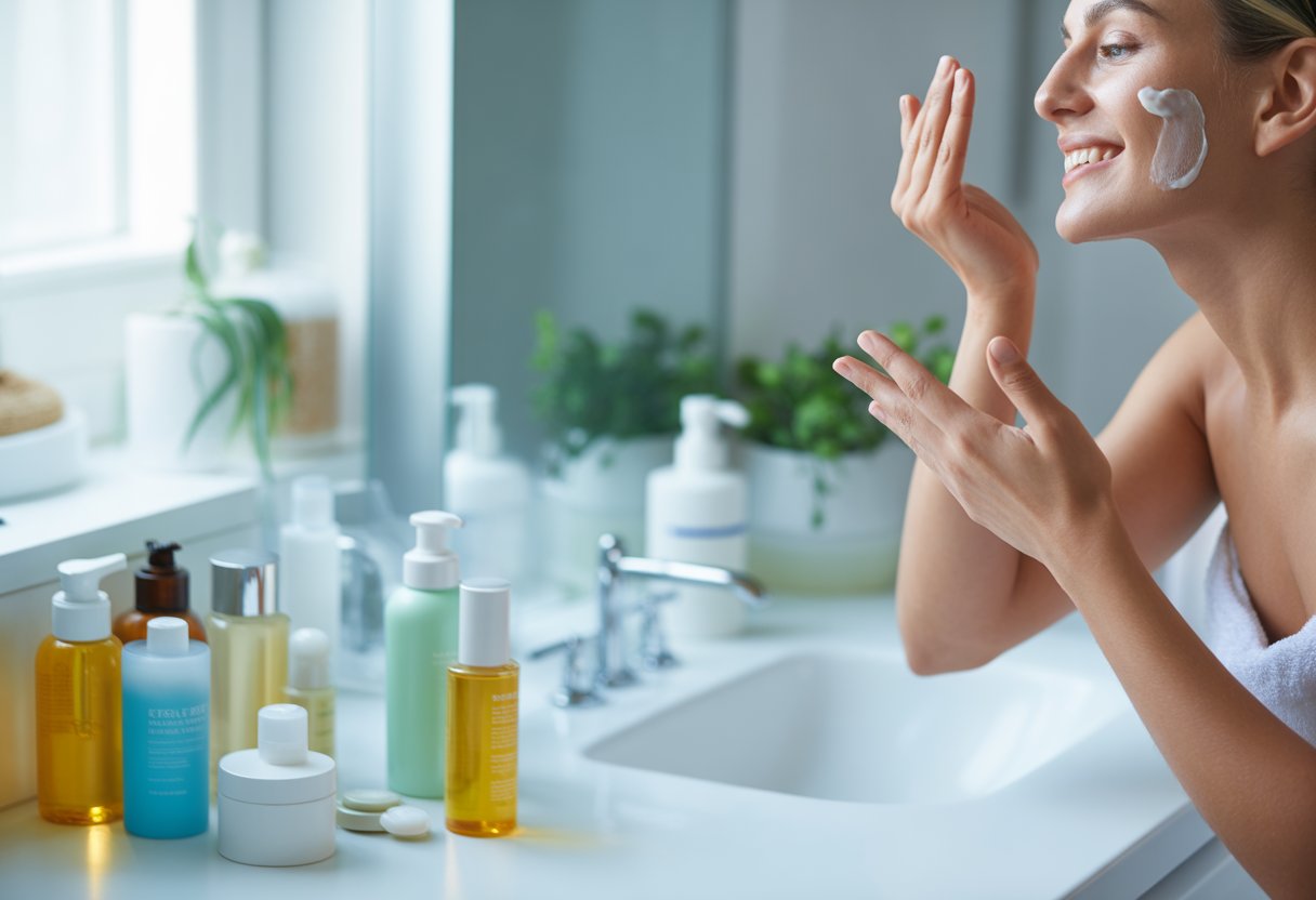 Person applying serum to their face in a bright bathroom with skincare products on the countertop.