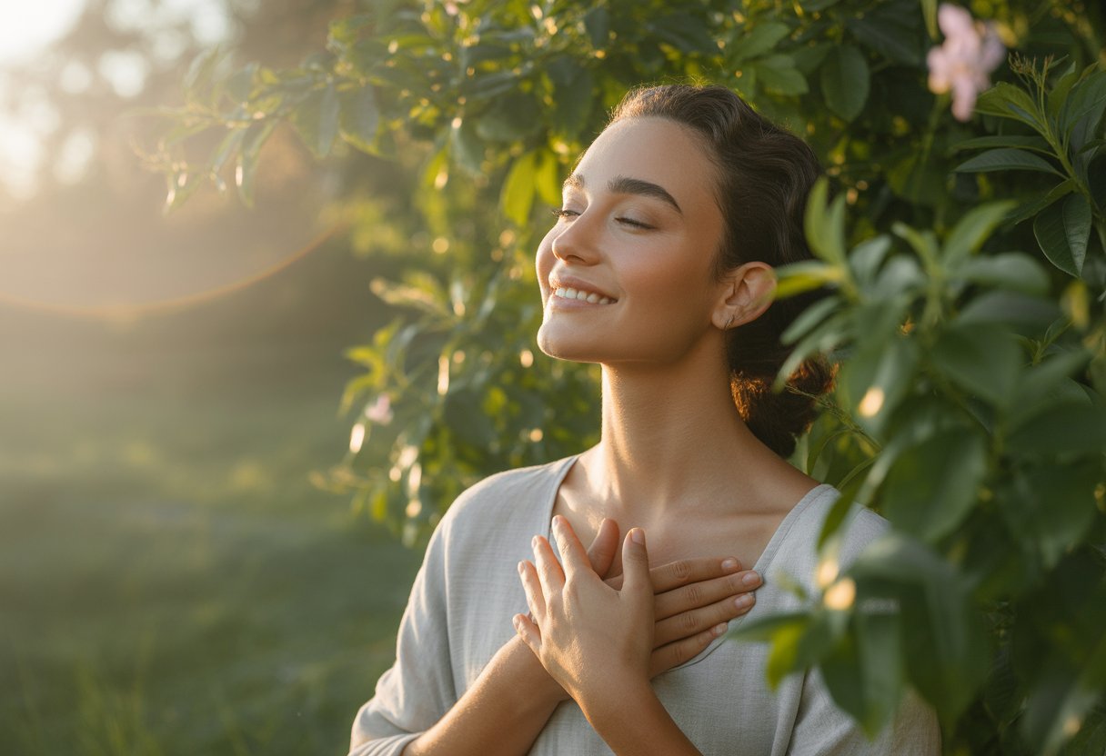 A young woman with radiant skin stands outdoors surrounded by green plants and flowers, smiling gently with her eyes closed and hands over her heart.