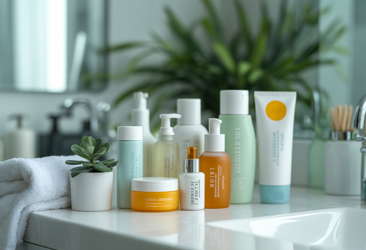 A neatly arranged bathroom countertop with various skincare bottles, a towel, and a small plant under soft natural light.