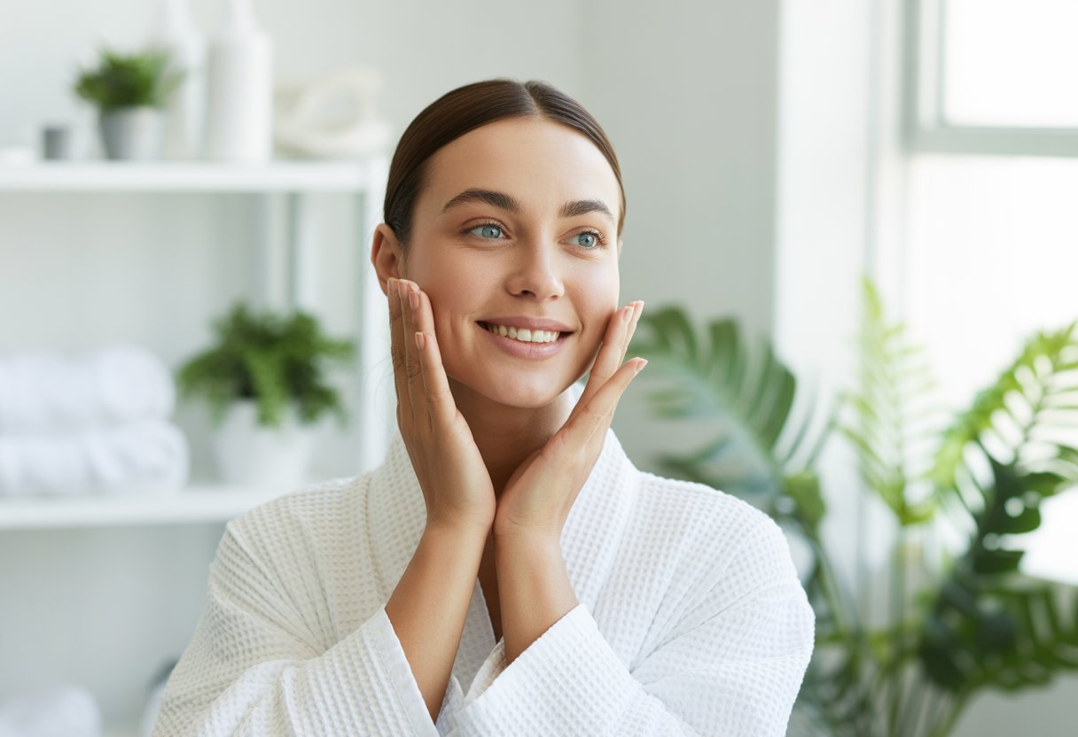 A young woman with clear skin gently touching her face and smiling in a bright bathroom with plants and towels.